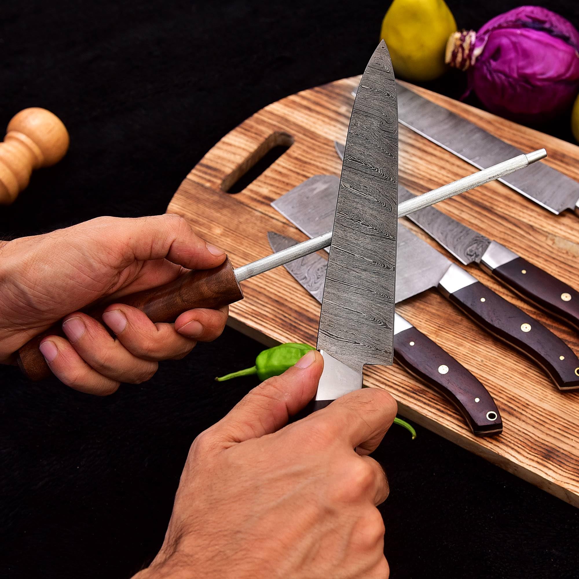 Premium Damascus Steel 6-Piece Professional Kitchen Knife Set with Leather Roll - Handcrafted Utility Knives for Chefs & Home Cooking (Brown) - Perfect for Slicing, Dicing & Food Prep