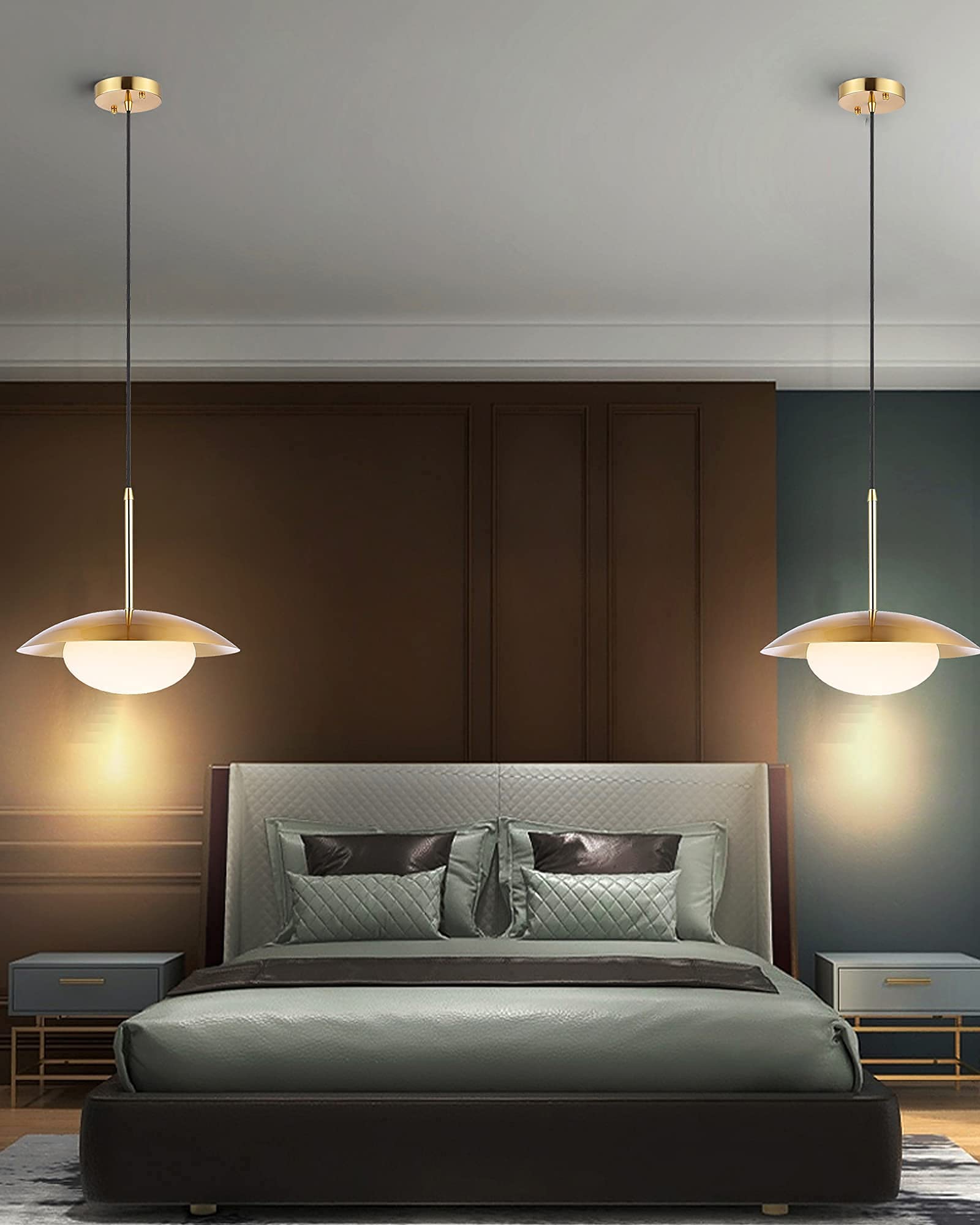 Modern Pendant Lighting Set of 2 - Industrial Hanging Lights with Brushed Brass Finish & White Globe Glass Shades - Perfect for Kitchen Island, Dining Room, and Living Room Lighting Decor