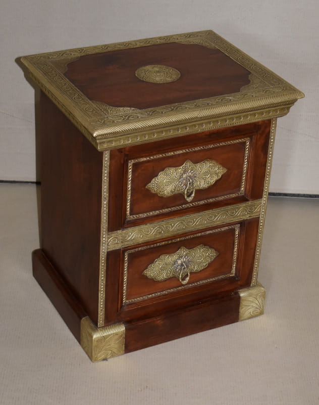 Handcrafted Embossed Brass Wooden Bedside Table with 2 Drawers - Vintage Indian Furniture for Bedroom Decor & Storage | Perfect for Master Bedroom, Guest Room, or Studio Apartment