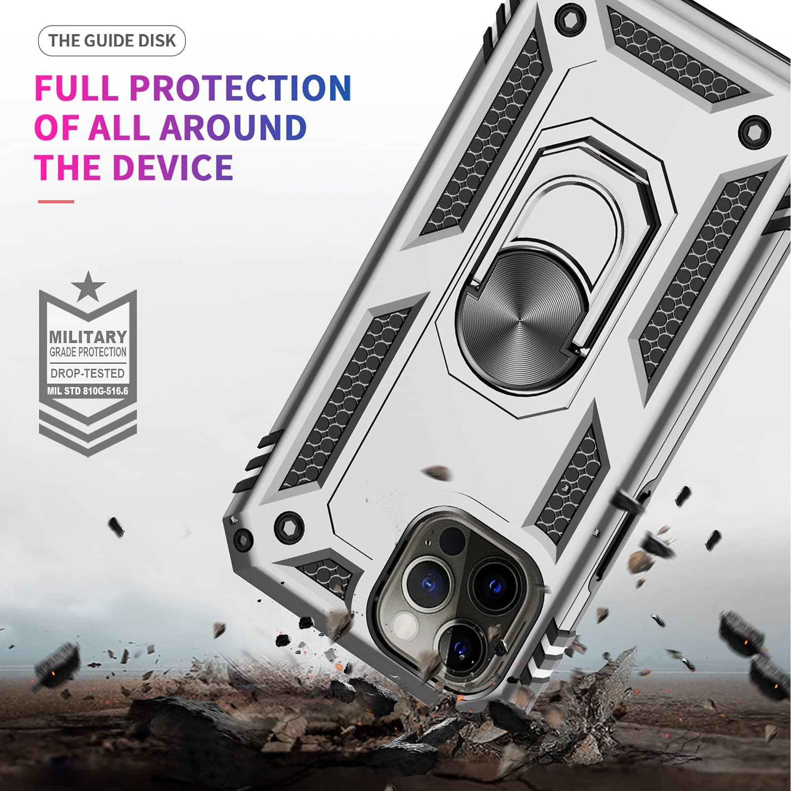 Military-Grade iPhone 12 Pro Max Case with Kickstand - 2 Pack Tempered Glass Screen Protector & Camera Lens Protector | Shockproof Protective Cover for Men & Women | Perfect for Outdoor, Travel & Daily Use (Silver)