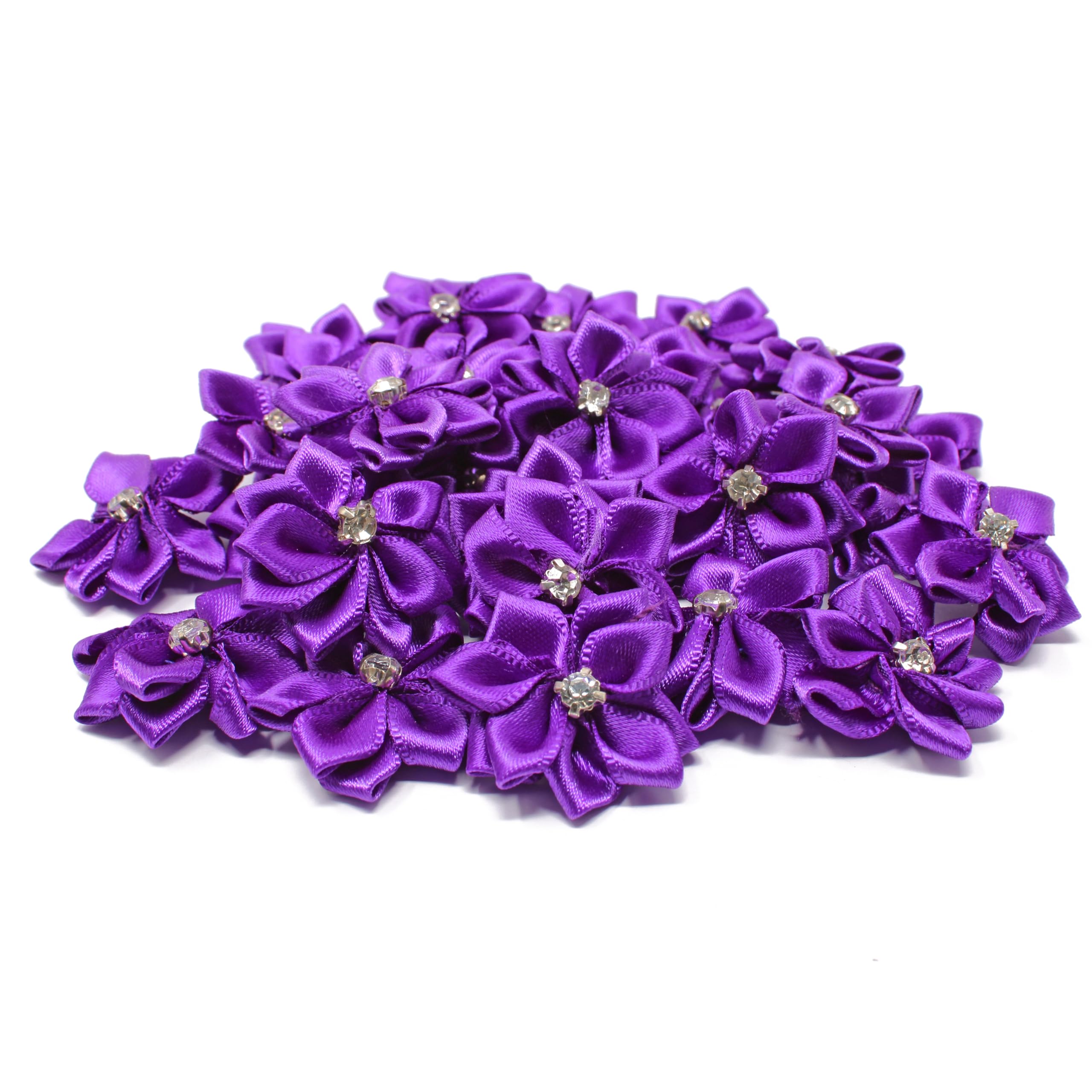 25mm Purple Satin Ribbon Flowers with Rhinestone Center - Pack of 50 DIY Craft Flowers for Wedding Bouquets, Hair Accessories, Gift Wrapping & Home Decor