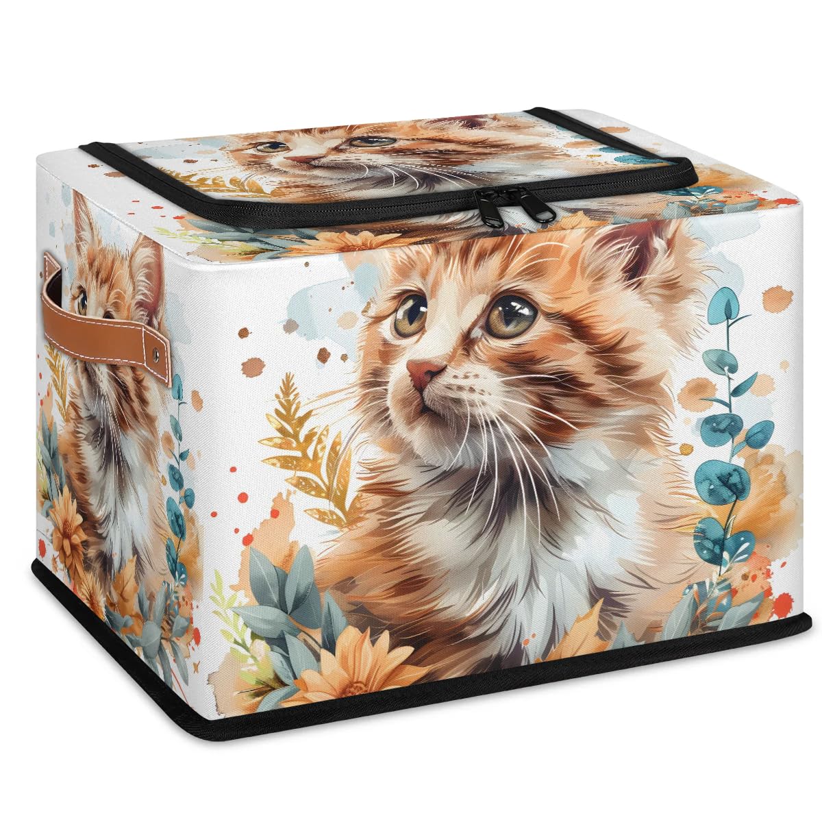 2-Pack Stackable Cat Leaf Pattern Storage Bins with Zipper Lid & Metal Frame - Closet Organizer Cubes with PU Handles for Clothes, Toys, Blankets - Perfect for Bedroom, Nursery, Dorm Organization
