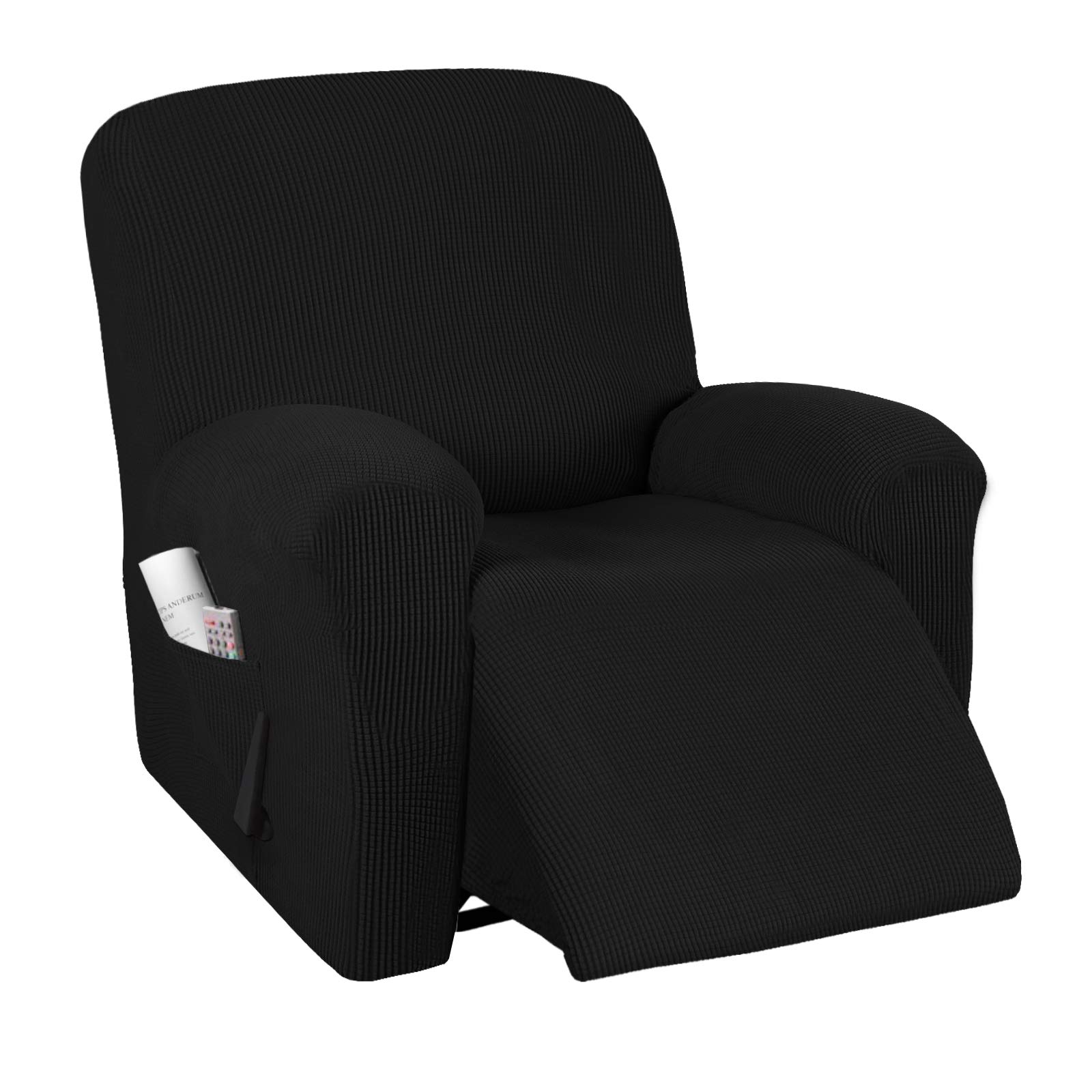 Stretch Recliner Chair Cover - 1 Piece Elastic Bottom Furniture Protector with Side Pocket | Thick Soft Small Checked Jacquard Slipcover | Perfect for Living Room, Home Theater & Nursing Home (Black)