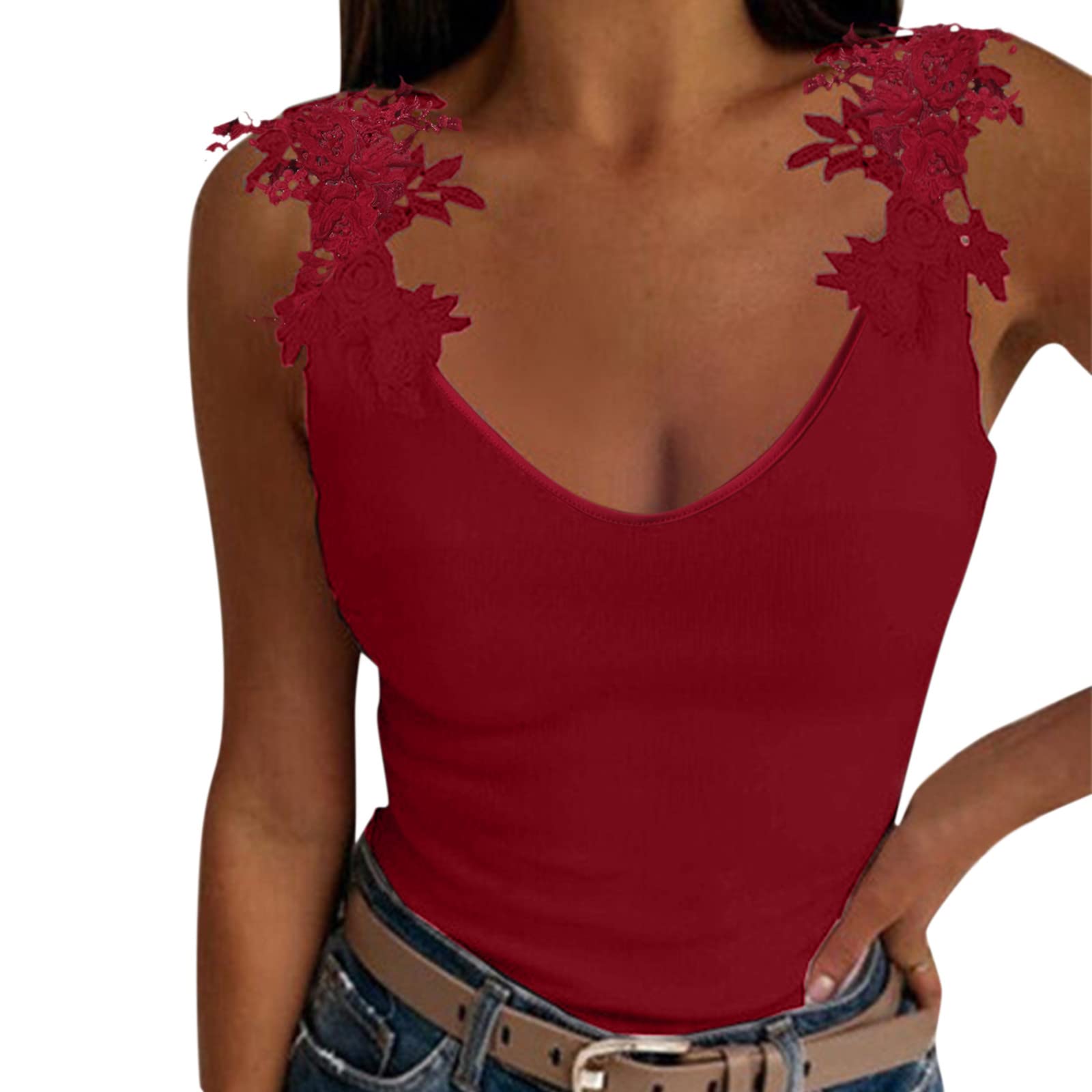 Women's Summer Sleeveless V-Neck Lace Cami Tank Top - Breathable Casual Blouse with Strappy Trim, Loose Fit for Beach, Vacation & Everyday Wear