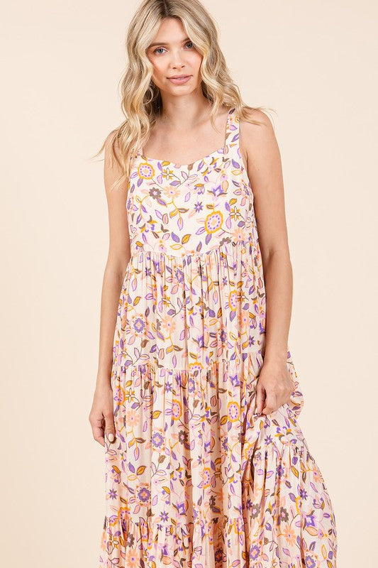 Mittoshop Floral Print Tiered Sleeveless Empire Waist Maxi Dress for Women - Perfect for Beach Vacation, Summer Party & Boho Style Outfits