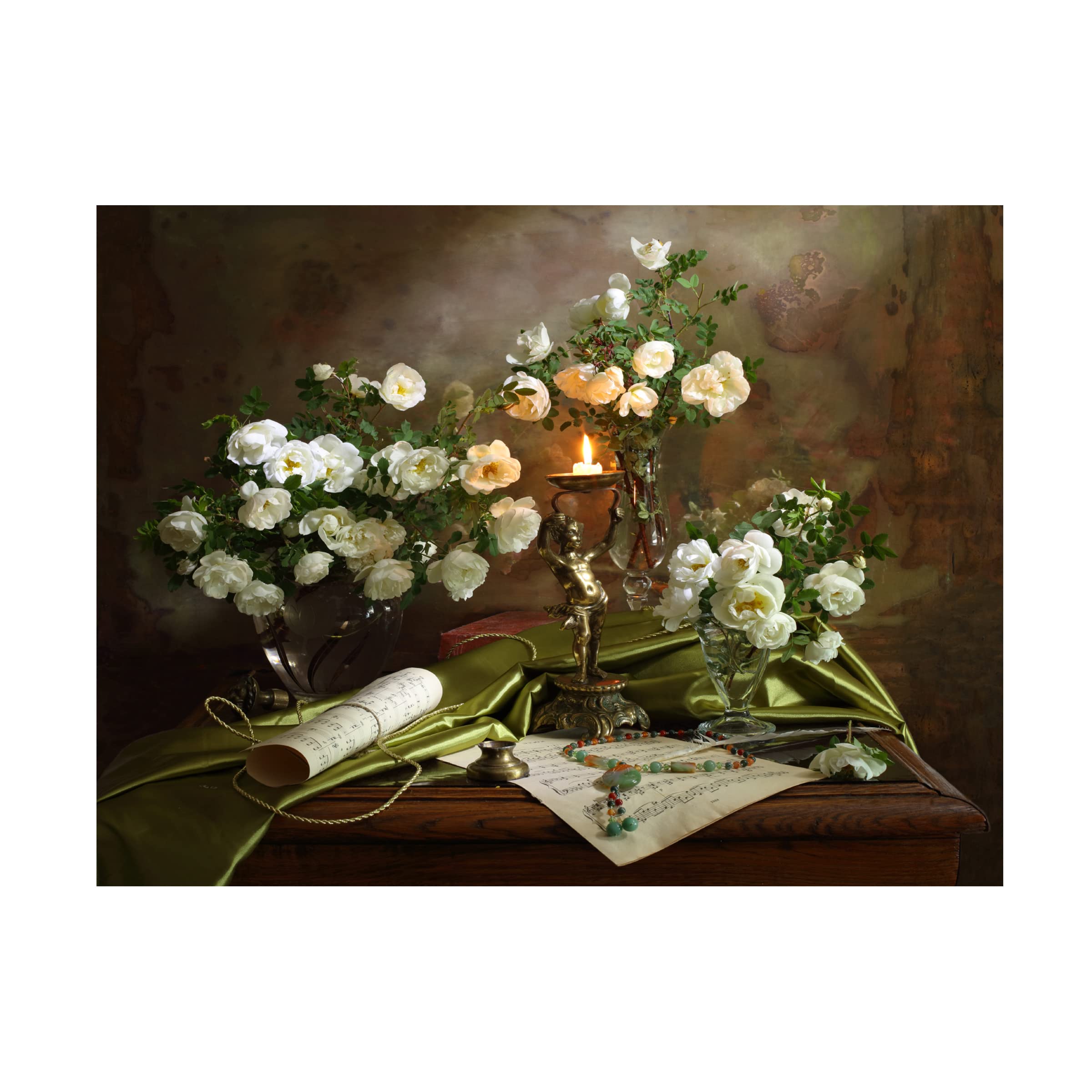 Trademark Fine Art 'Still Life With Roses And Candle' Canvas Wall Art Print by Andrey Morozov - Elegant Floral Oil Painting Reproduction for Living Room, Bedroom & Office Decor
