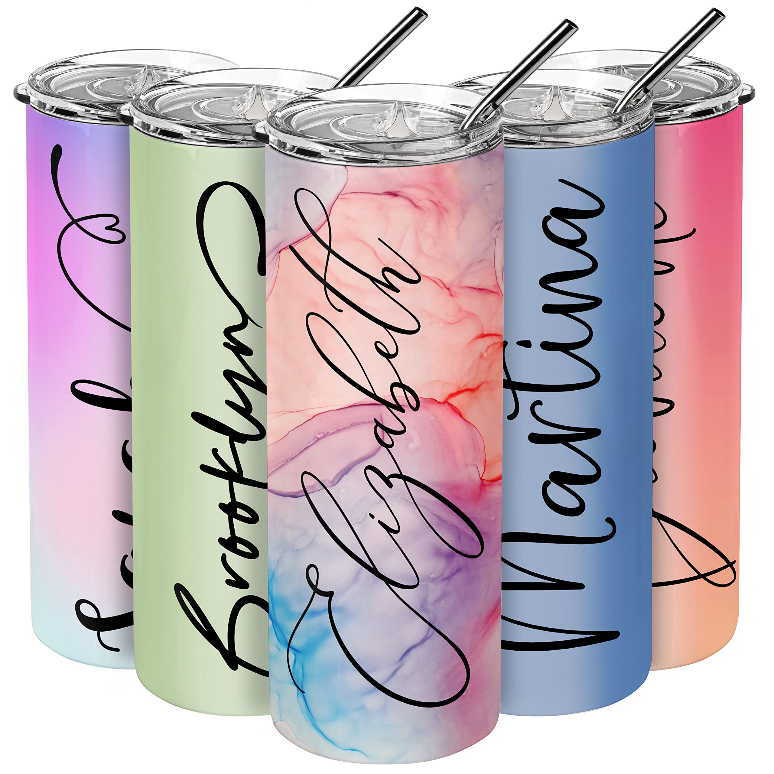 Personalized 20oz Skinny Tumbler with Straw - Custom Name Insulated Cup for Women - Set of 5 - 12 Fonts & 30 Colors - Perfect Gift for Her, Mom, Wife, Sister | Great for Office, Gym, Travel & Daily Hydration