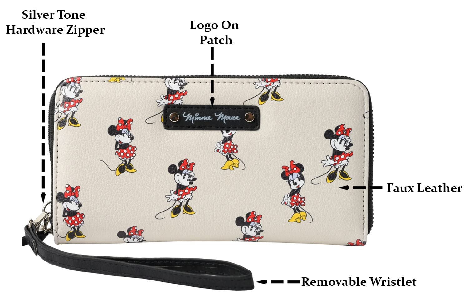 Disney Minnie Mouse Cream Faux Leather Wallet Wristlet Zip Clutch - Stylish Crossbody Bag for Women, Perfect for Shopping, Travel & Everyday Use