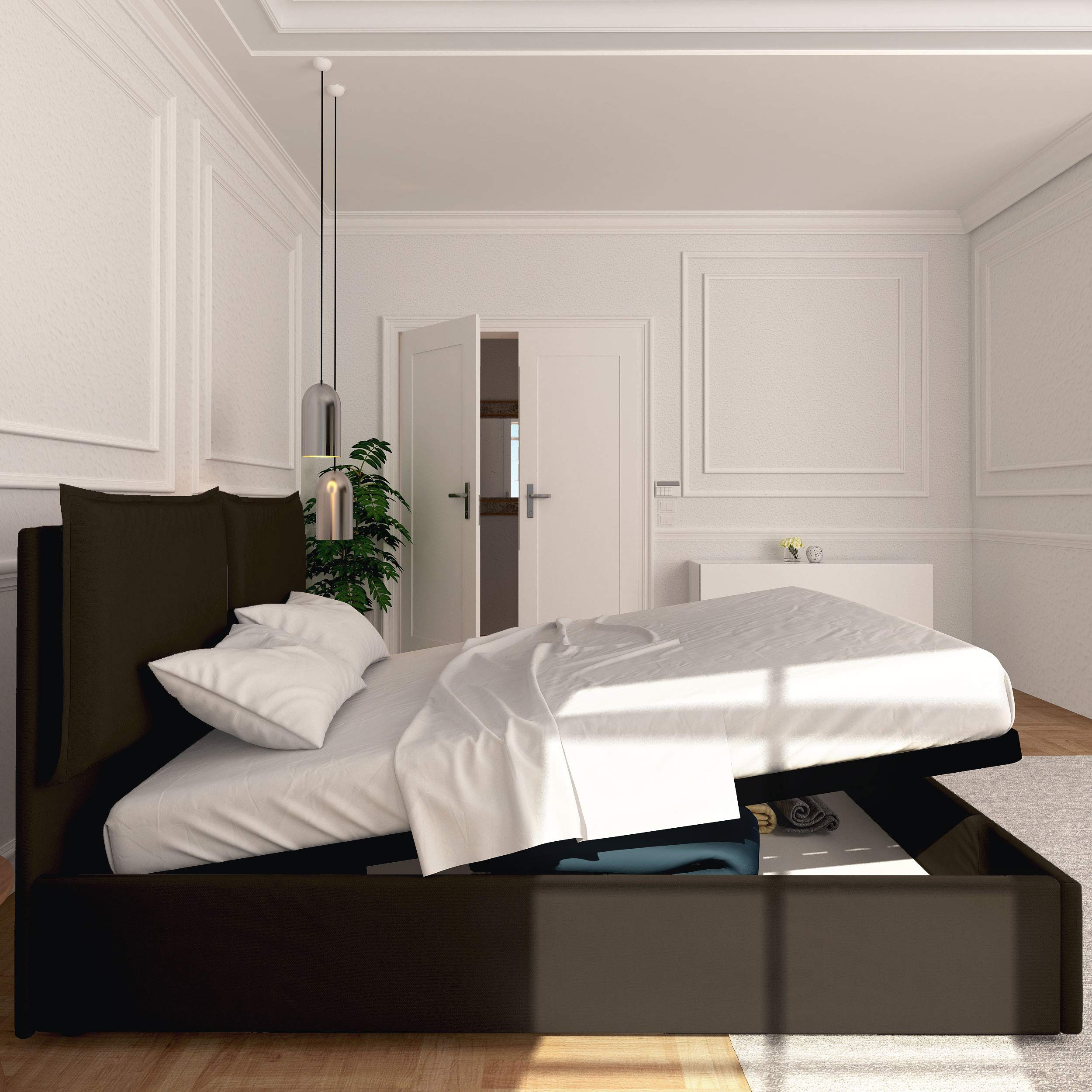 Baldiflex Licia Queen Size Bed Frame with Upholstered Synthetic Leather Headboard, Slatted Base for 160x190cm Mattress - Modern Bedroom Furniture for Master Bedroom & Guest Room
