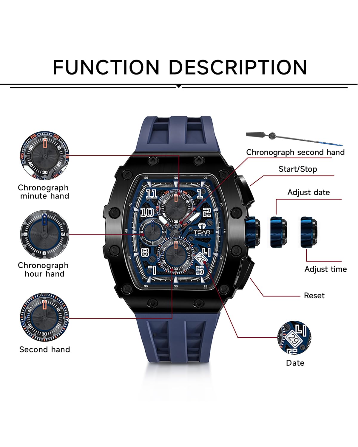 TSAR BOMBA Luxury Men's Watch - Japanese Quartz Movement, Sapphire Crystal, 50M Water Resistant, Luminous Chronograph with Rubber Strap - Perfect for Diving, Business & Formal Occasions - Ideal Gift for Men