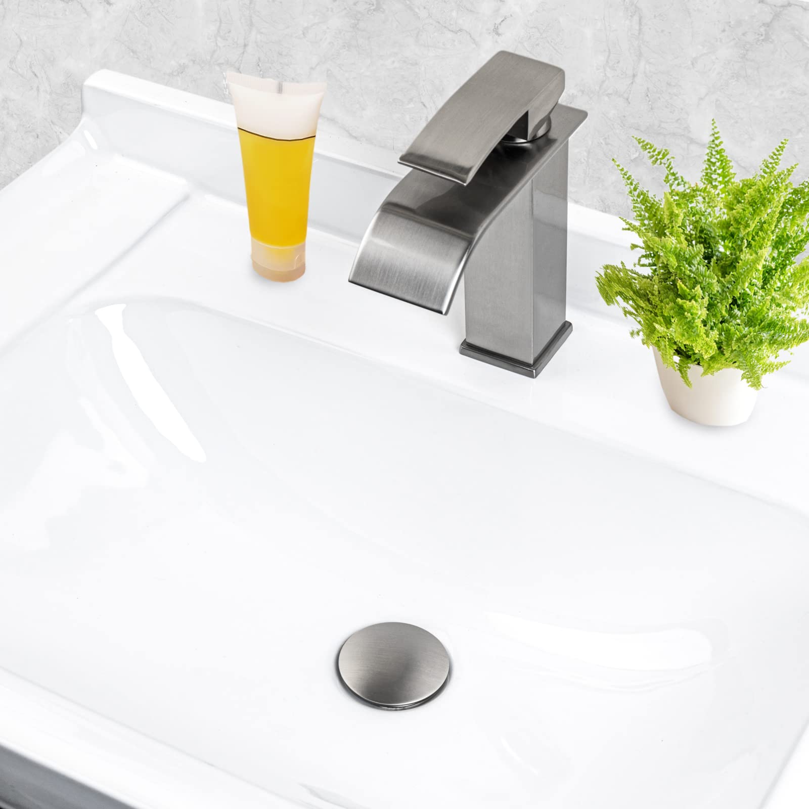 Brushed Nickel Bathroom Sink Drain Pop Up Stopper - Brass Strainer Basket, Anti-Clogging & Anti-Explosion Design for Bathroom Vanity or Utility Sink (No Overflow)