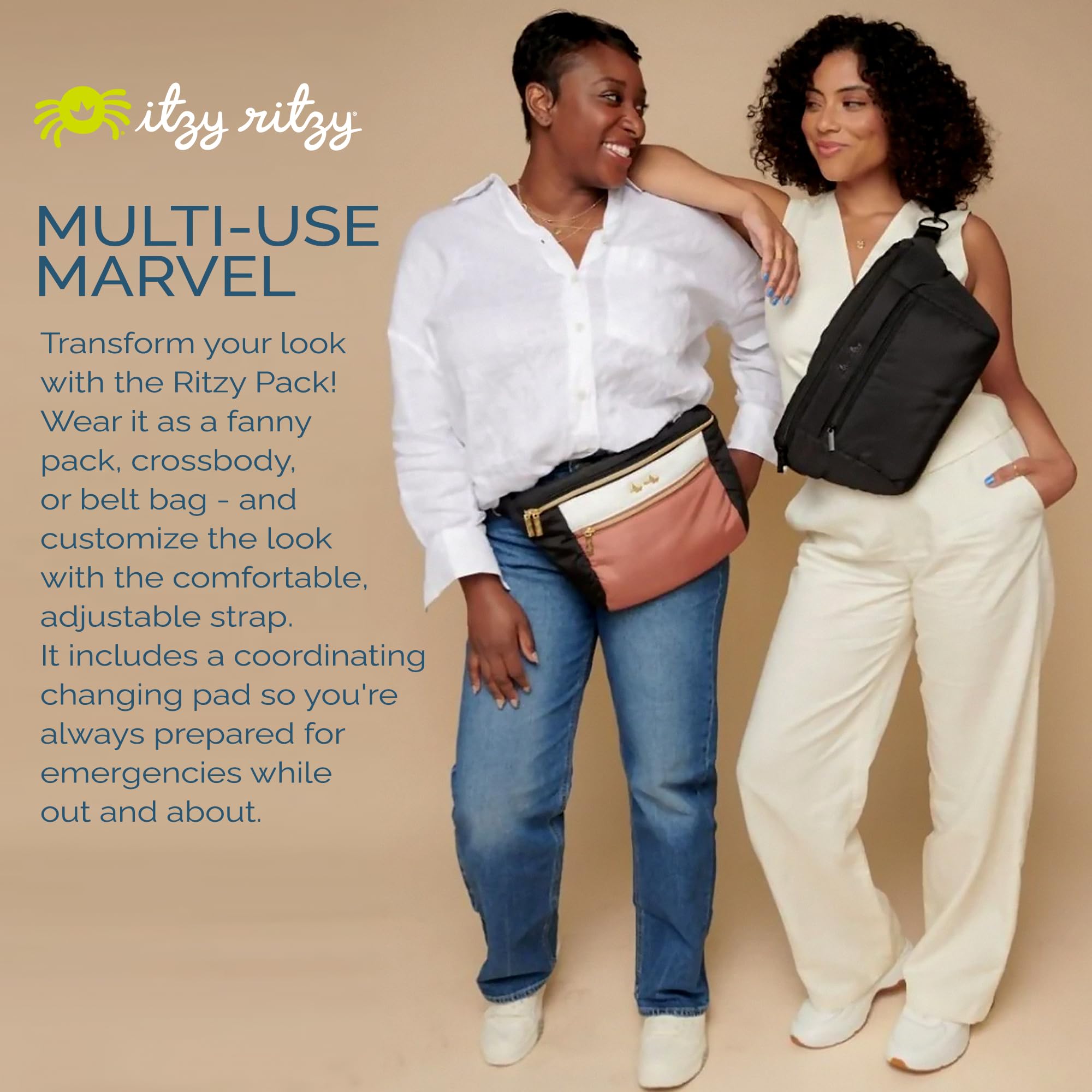 Itzy Ritzy Multi-Use Lightweight Fanny Pack & Crossbody Diaper Bag with 6 Pockets & Adjustable Strap - Wear as Belt Bag, Shoulder Bag or Crossbody Purse (Coffee & Cream) - Perfect for Moms, Travel, Hiking & Daily Errands