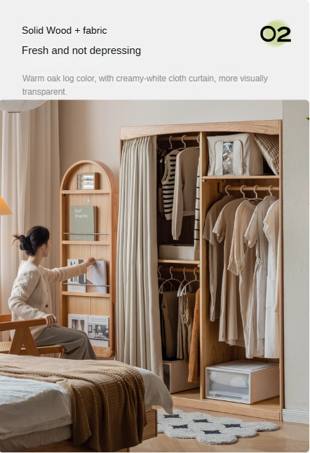 Oak Solid Wood Wardrobe with Curtain Design - Elegant Closet Storage for Bedroom, Living Room & Dorm Organization