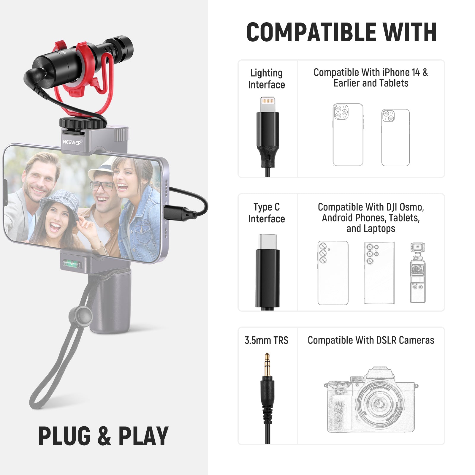 NEEWER VM10 Plug & Play Vlog Microphone with Cardioid Condenser for YouTube, Streaming, Podcasting - Perfect for Content Creators & Gamers