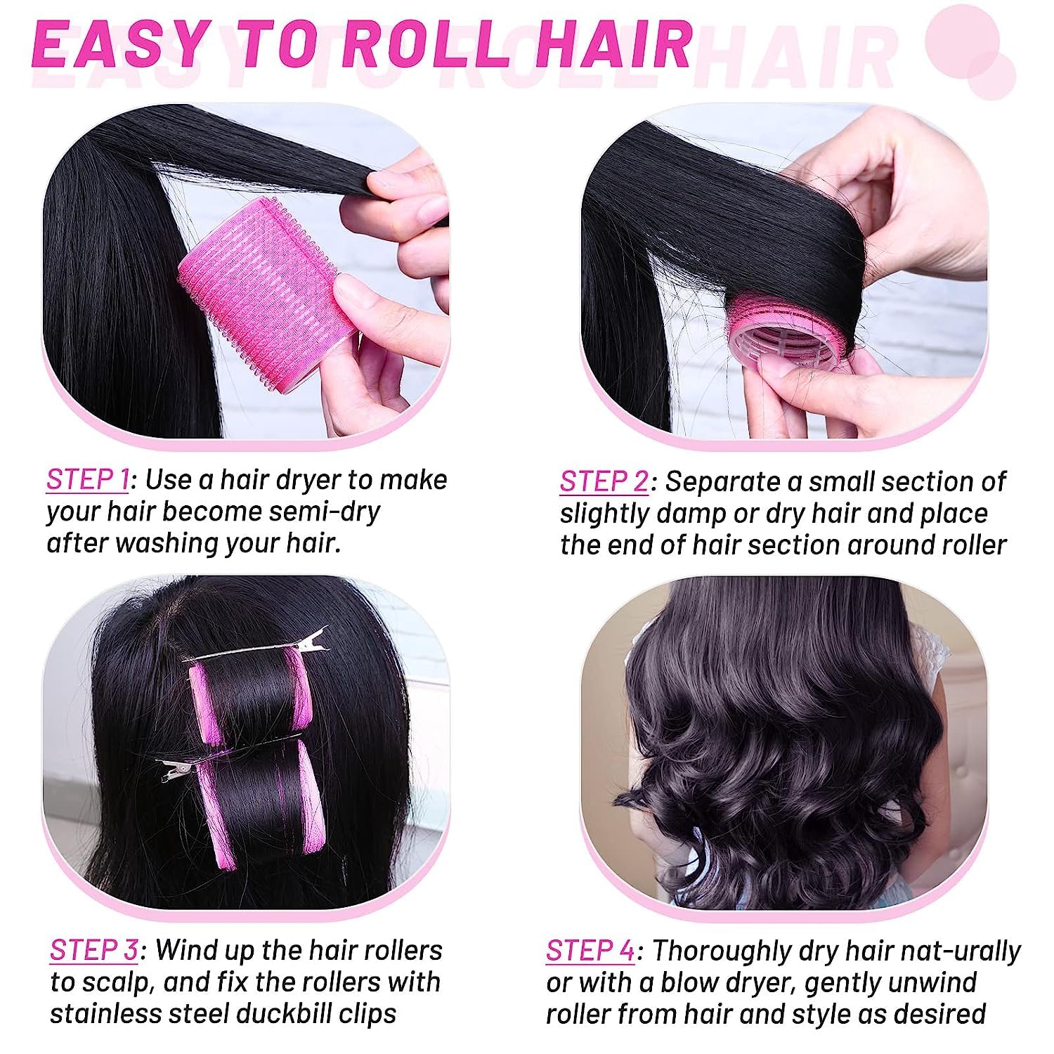 SIYAA 24Pcs Hair Curlers Set - Self Grip Rollers & Stainless Steel Duckbill Clips for Women & Girls | Perfect for Home Styling, Salon Use & Special Occasions