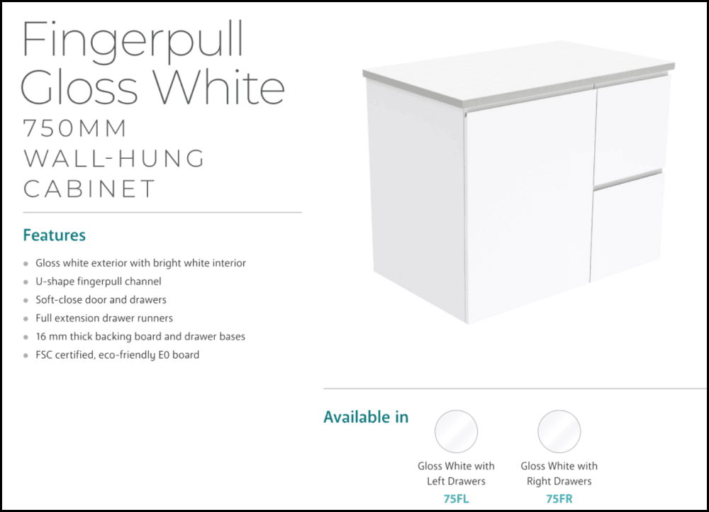 Fienza Dolce TCL75FL 750mm White Wall Mounted Bathroom Vanity with Left Hand Drawers & Finger Pull Handles - Perfect for Modern Small Bathrooms and Powder Rooms