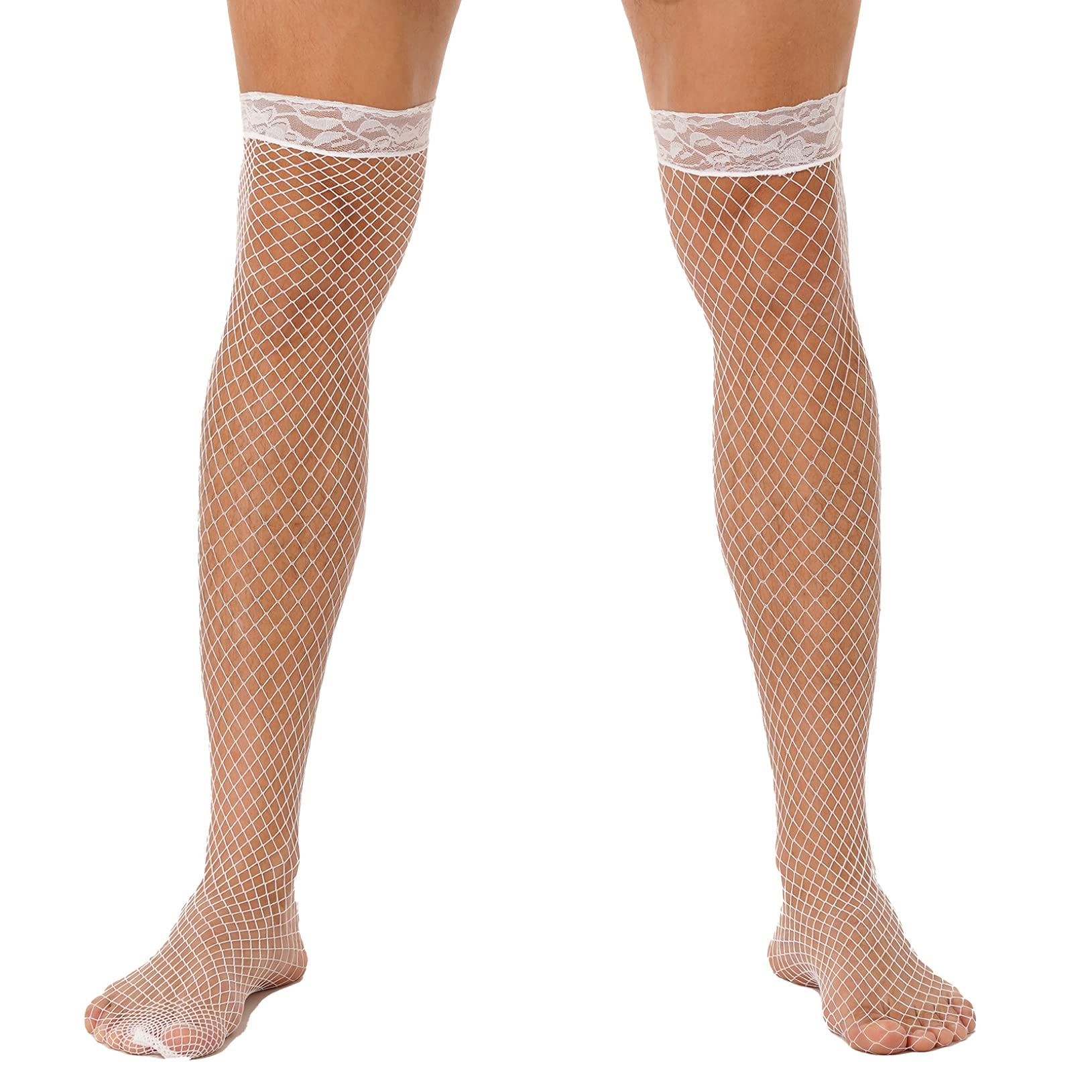 Freebily Men's Fishnet Lace Trim Stockings - Hollow Out Mesh Thigh-High Socks for Nightwear & Cosplay - Sexy Gothic Fashion Accessories for Parties, Halloween & Lingerie Outfits
