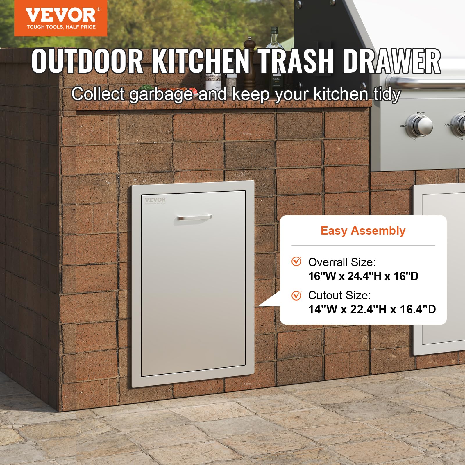 VEVOR Stainless Steel Pull Out Trash Drawer for Outdoor Kitchen - 16