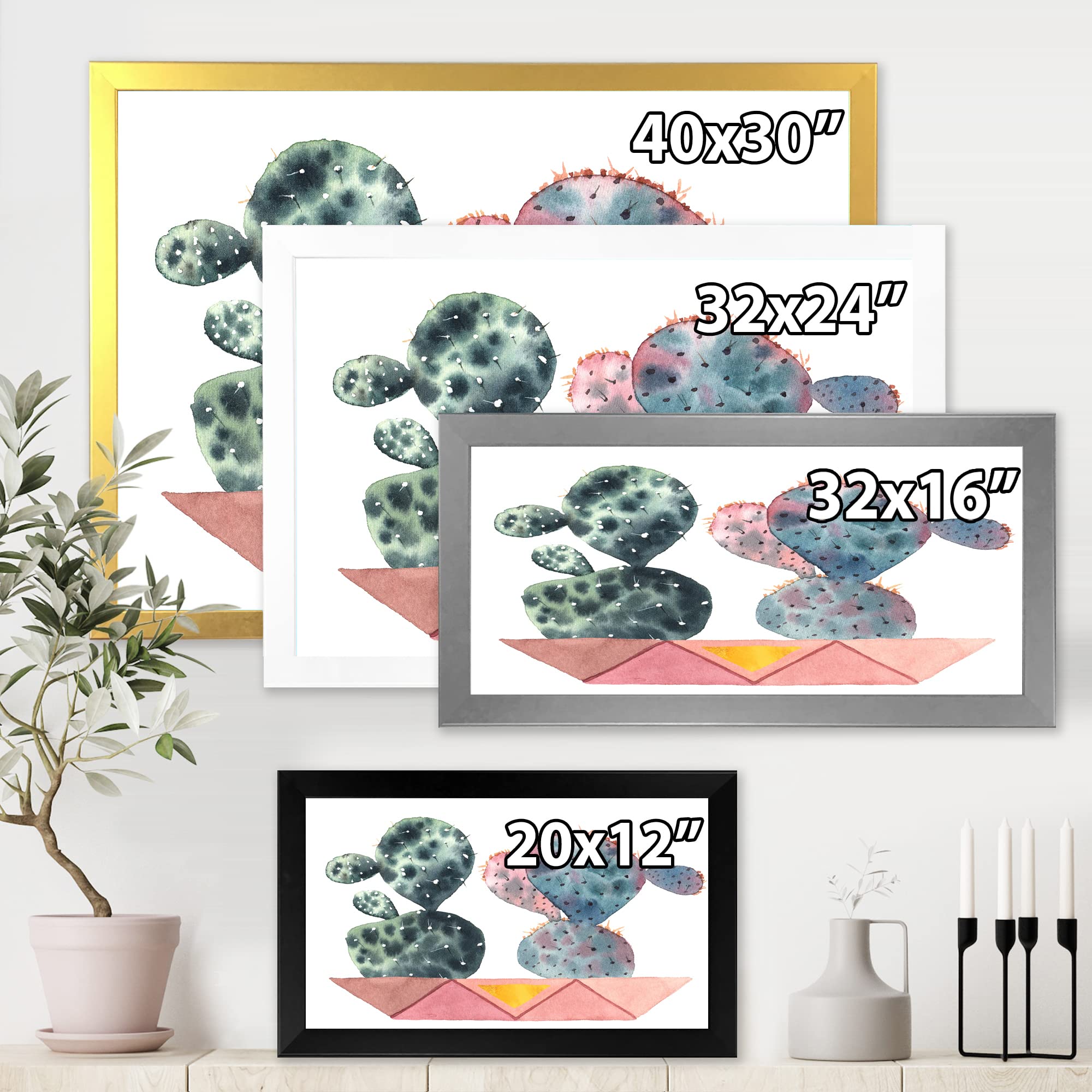 DesignQ Cactus Duo in Pink Geometric Pots - Modern Framed Wall Art for Home & Office Decor - Perfect for Living Room, Bedroom, or Workspace Aesthetic