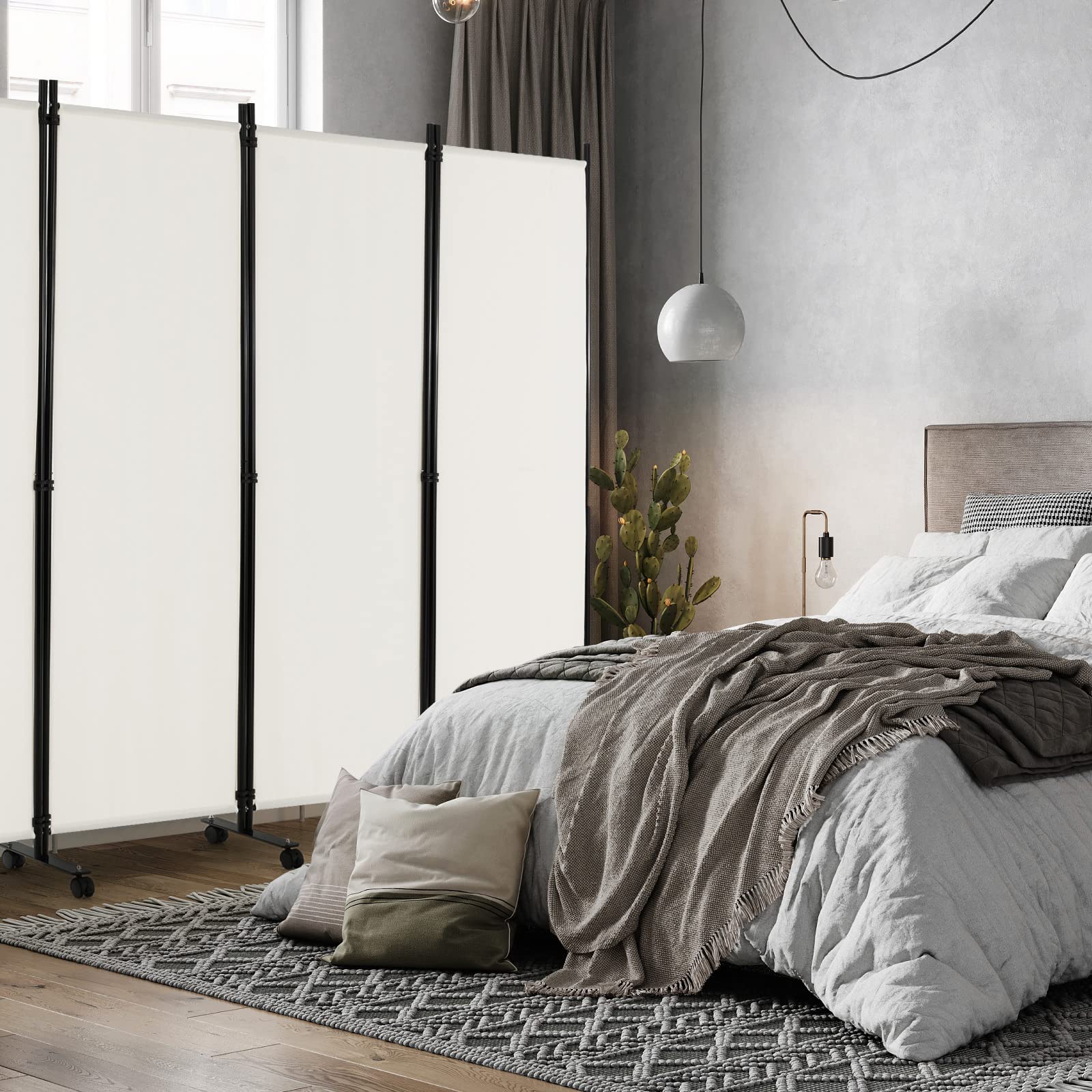 6 Panel Room Divider with Wheels - 5.6Ft Tall Portable Folding Privacy Screen, Freestanding Fabric Partition for Office, Studio, Home & Event Spaces - Durable Wear-Resistant White Room Separator (6-Panel) - Perfect for Creating Private Spaces, Dividing Rooms, and Enhancing Workspace Privacy