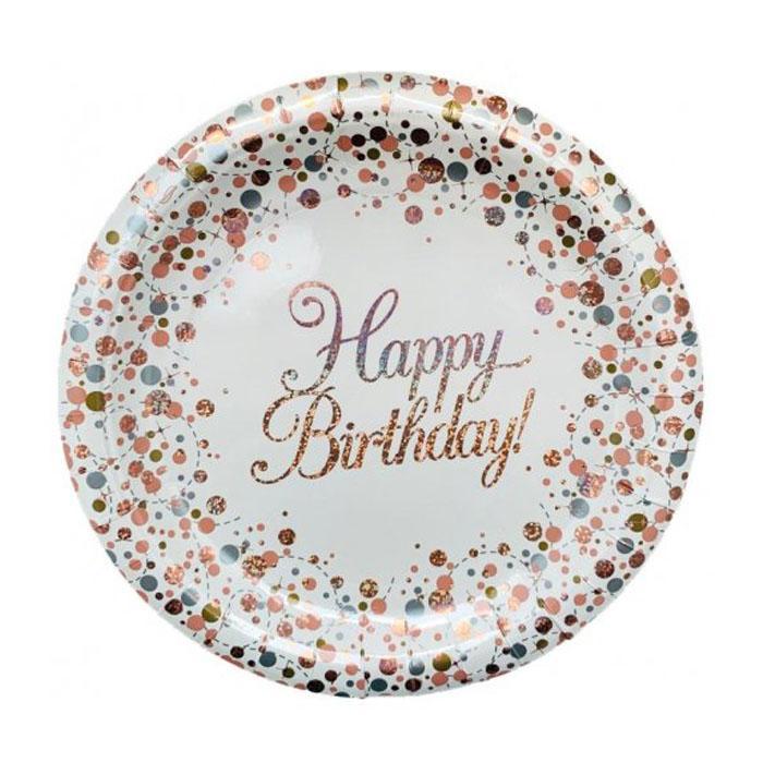 Sparkling Fizz Happy Birthday Party Plates - Elegant Rose Gold & White Disposable Tableware for Birthday Celebrations, Baby Showers & Special Events