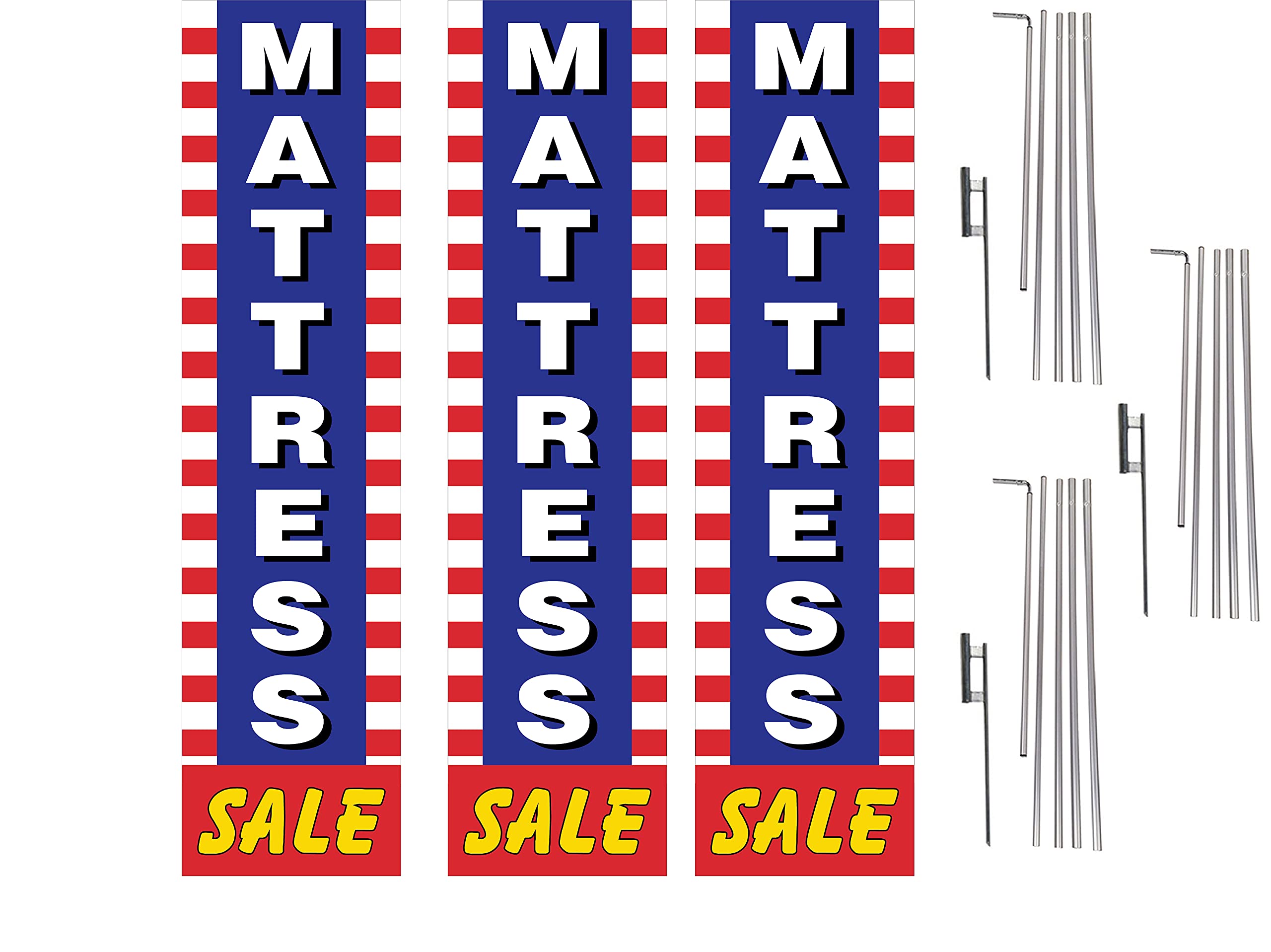3 Pack Mattress Sale Advertising Feather Flags Kit - Rectangle Boomer Design with 3 Flag Poles & Ground Spikes for Outdoor Retail Promotions, Grand Openings, and Car Dealership Events