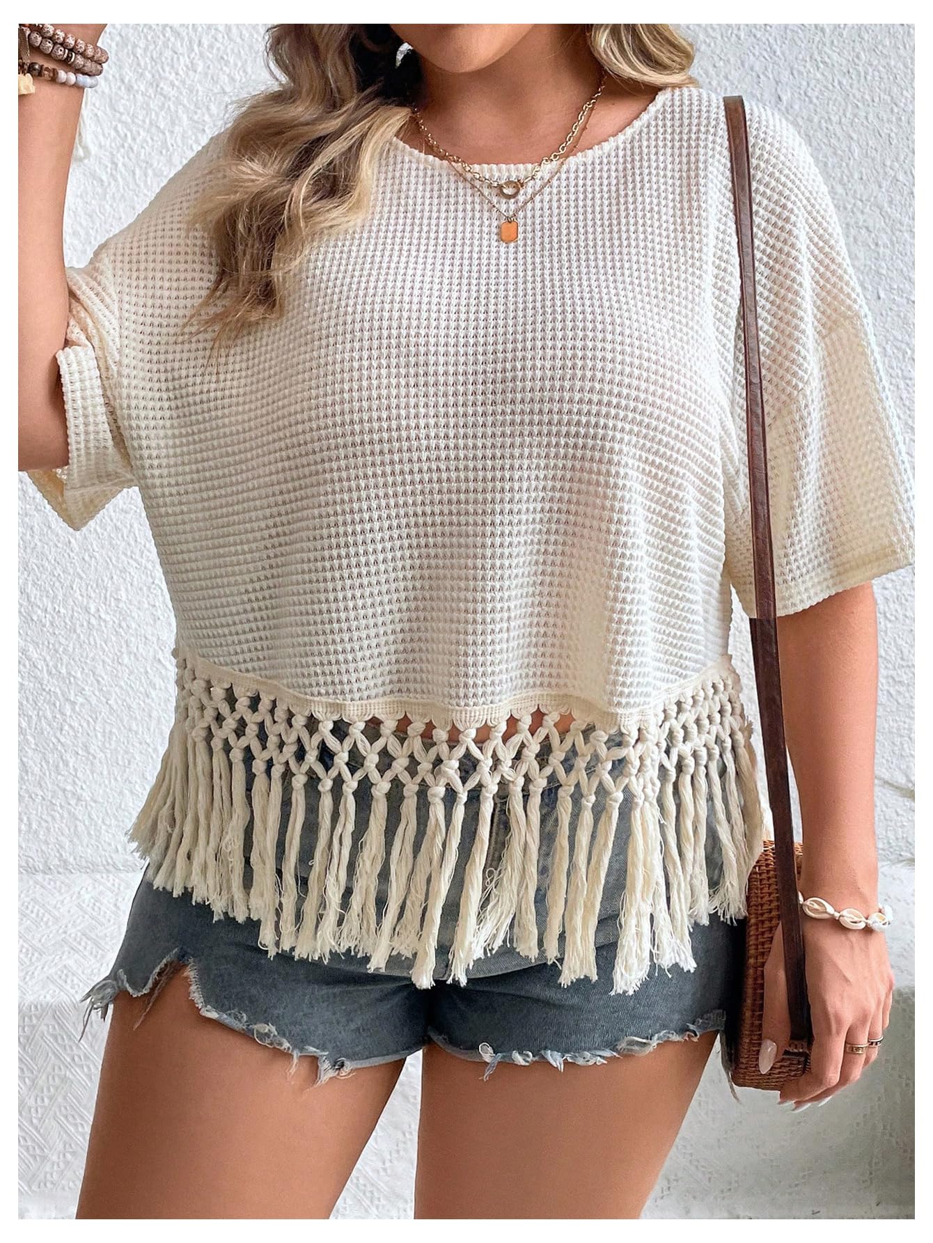 SweatyRocks Women's Plus Size Fringe Trim T-Shirts - Short Sleeve Crew Neck Tees, Waffle Knit Summer Tops for Casual Wear, Beach Outfits & Vacation Style