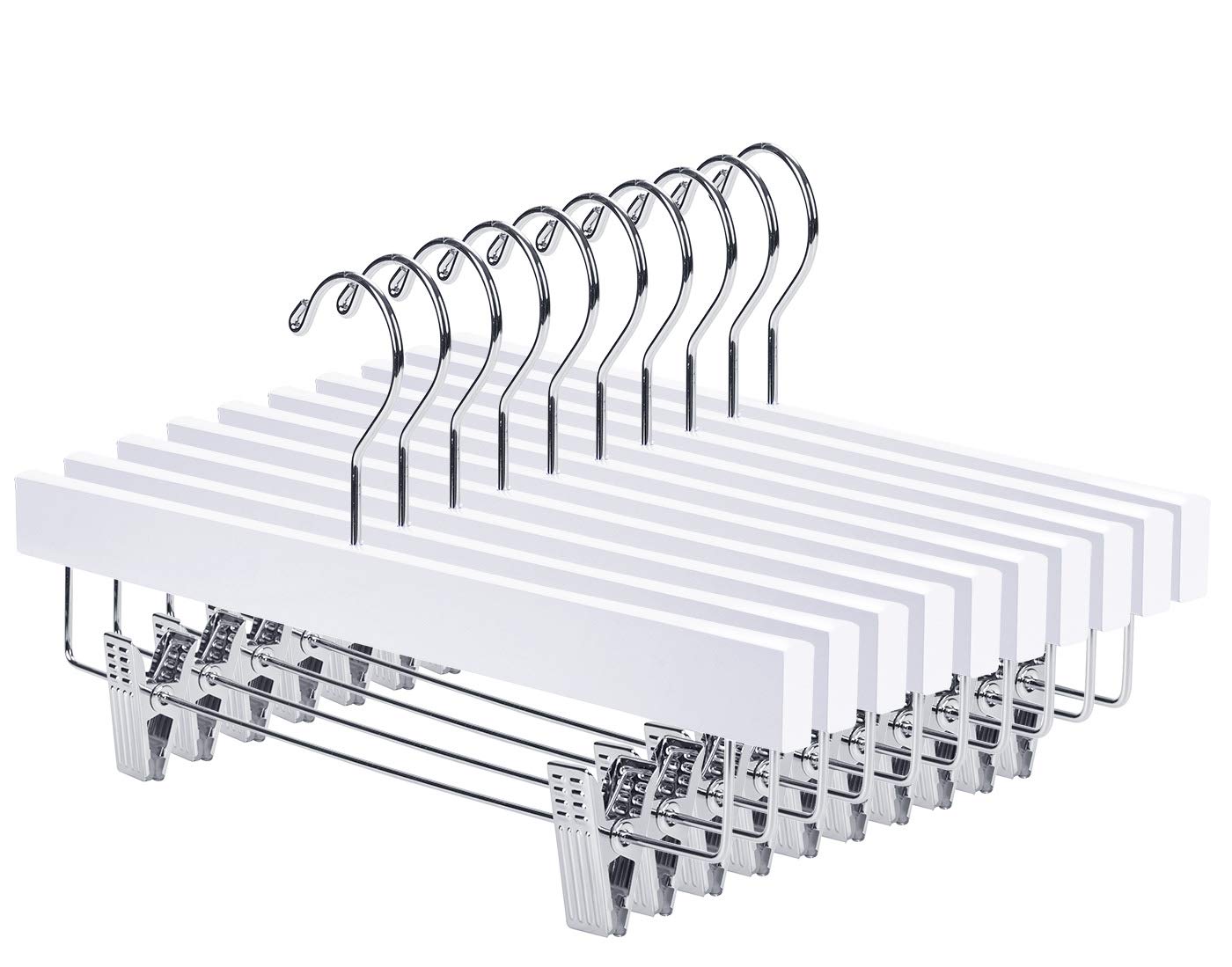 Nature Smile 10-Pack Wooden Pants Hangers with Clips - Anti-Rust Hooks for Jeans, Skirts & Trousers - Space-Saving Closet Organizer (White) | Perfect for Home, Office & Travel Wardrobe Storage