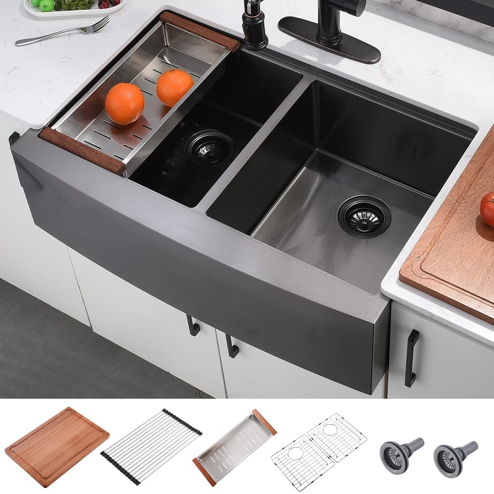 30 Inch Black Stainless Steel Double Bowl Kitchen Sink - HACHENL Farmhouse Workstation 16 Gauge Gunmetal Black Stainless Steel 10 Inch Deep 50/50 Double Bowl Sink for Modern and Rustic Kitchens