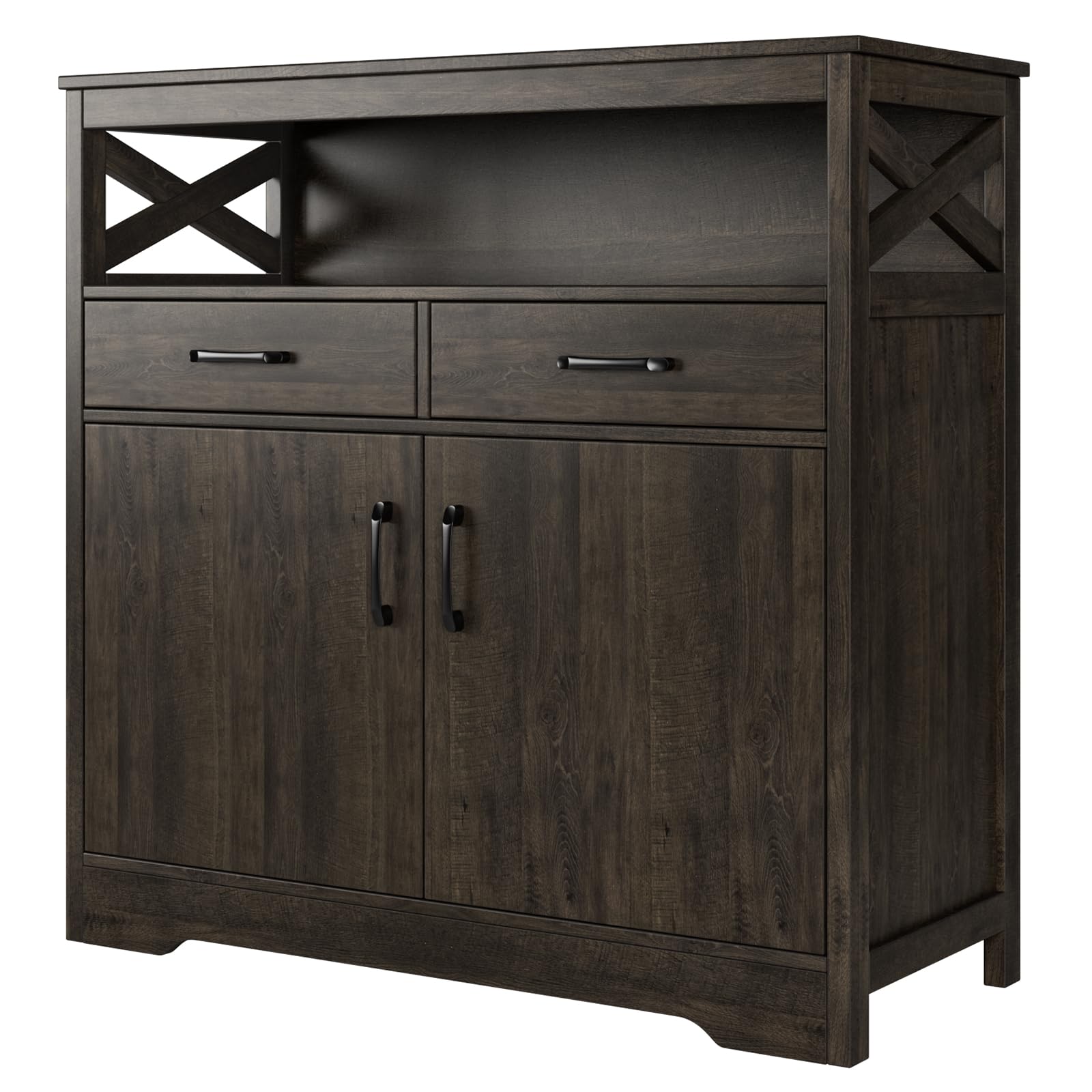 Modern Farmhouse Buffet Sideboard - Wooden Kitchen Storage Cabinet with Shelves, Doors & Drawers - Coffee Bar & Living Room Floor Cupboard - Dark Brown - Perfect for Dining Room Storage, Kitchen Organization & Coffee Station Setup
