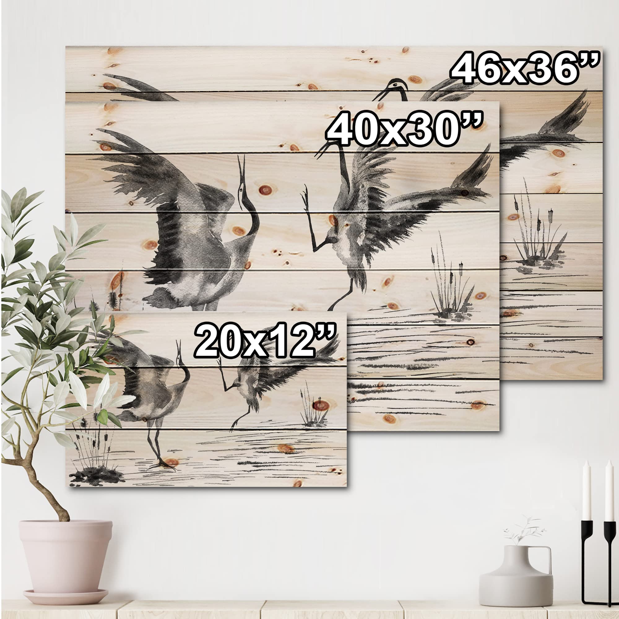 DesignQ Traditional Japanese Cranes Wood Wall Art - Handcrafted Grey Pine Wood Panel Decor with Two Enamored Birds for Living Room, Bedroom & Office