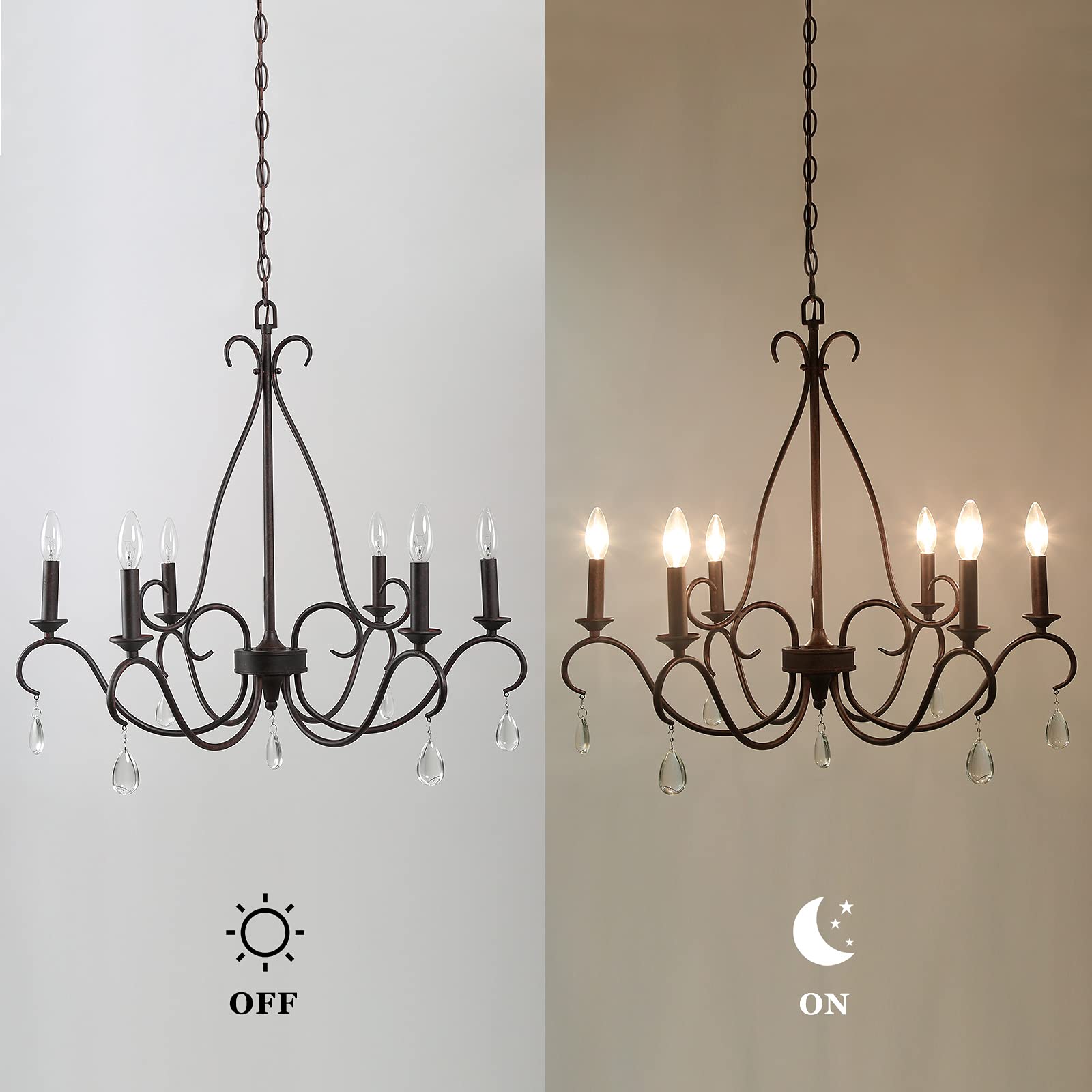 LALUZ Rustic Farmhouse Chandelier - 6-Light Bronze French Country Lighting Fixture with Crystal Pendants | Elegant Ceiling Light for Dining Room, Living Room, Kitchen, Bedroom & Entryway (28 Inch)
