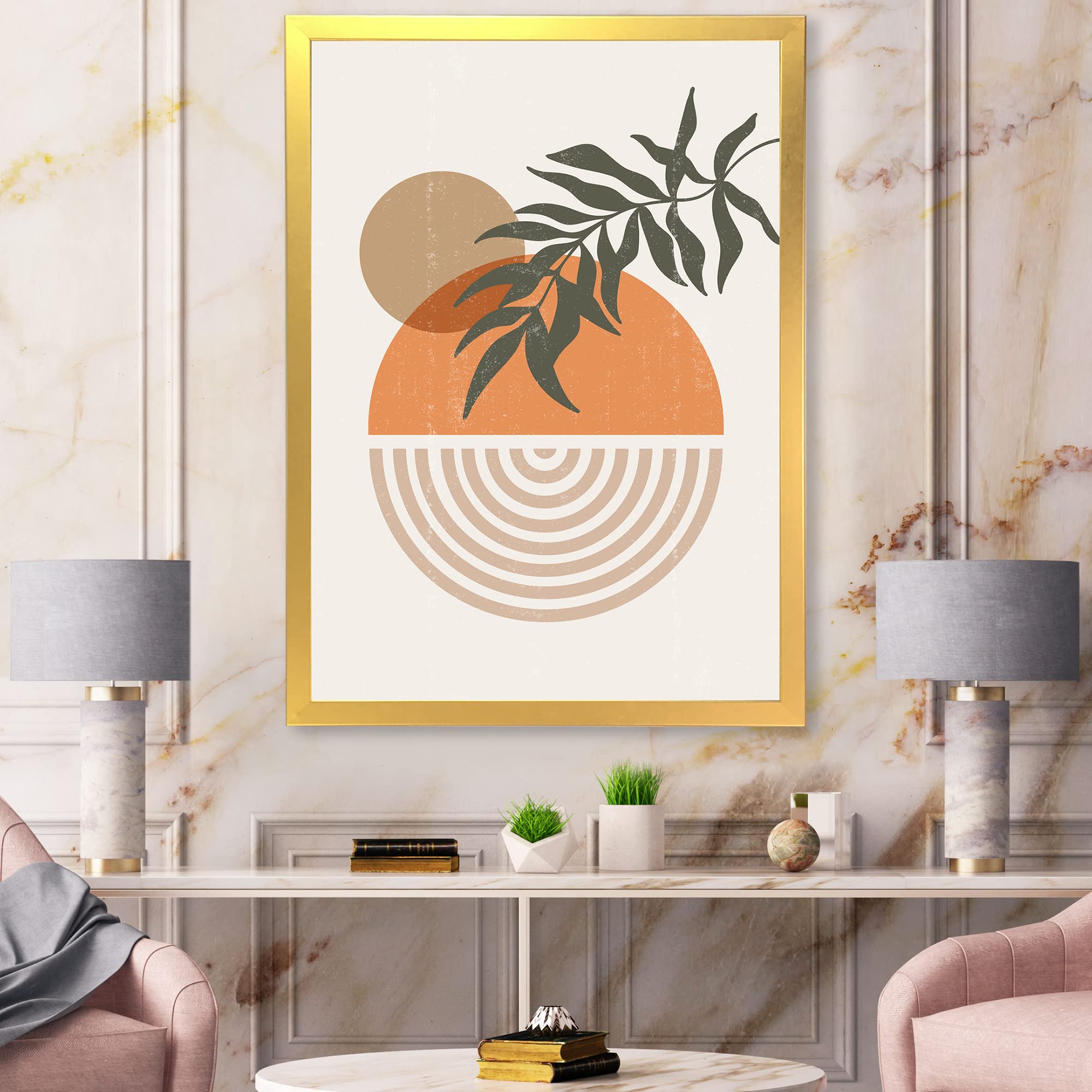 Abstract Geometric Sun and Moon Wall Art with Leaf Design - Modern Framed Canvas Painting for Living Room, Bedroom & Office Decor