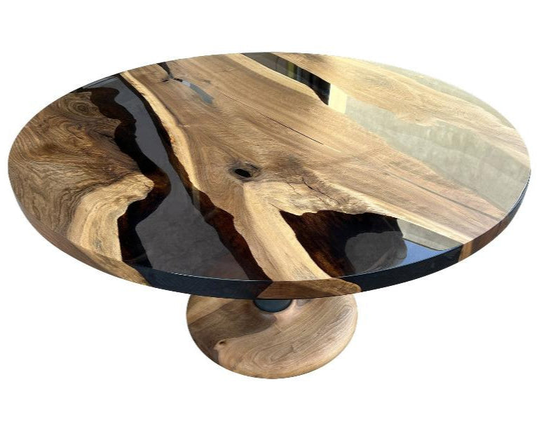 Handmade Custom Round Epoxy Resin Walnut Dining Table with Solid Wood Base - Perfect for Kitchen, Dining Room, and Modern Home Decor