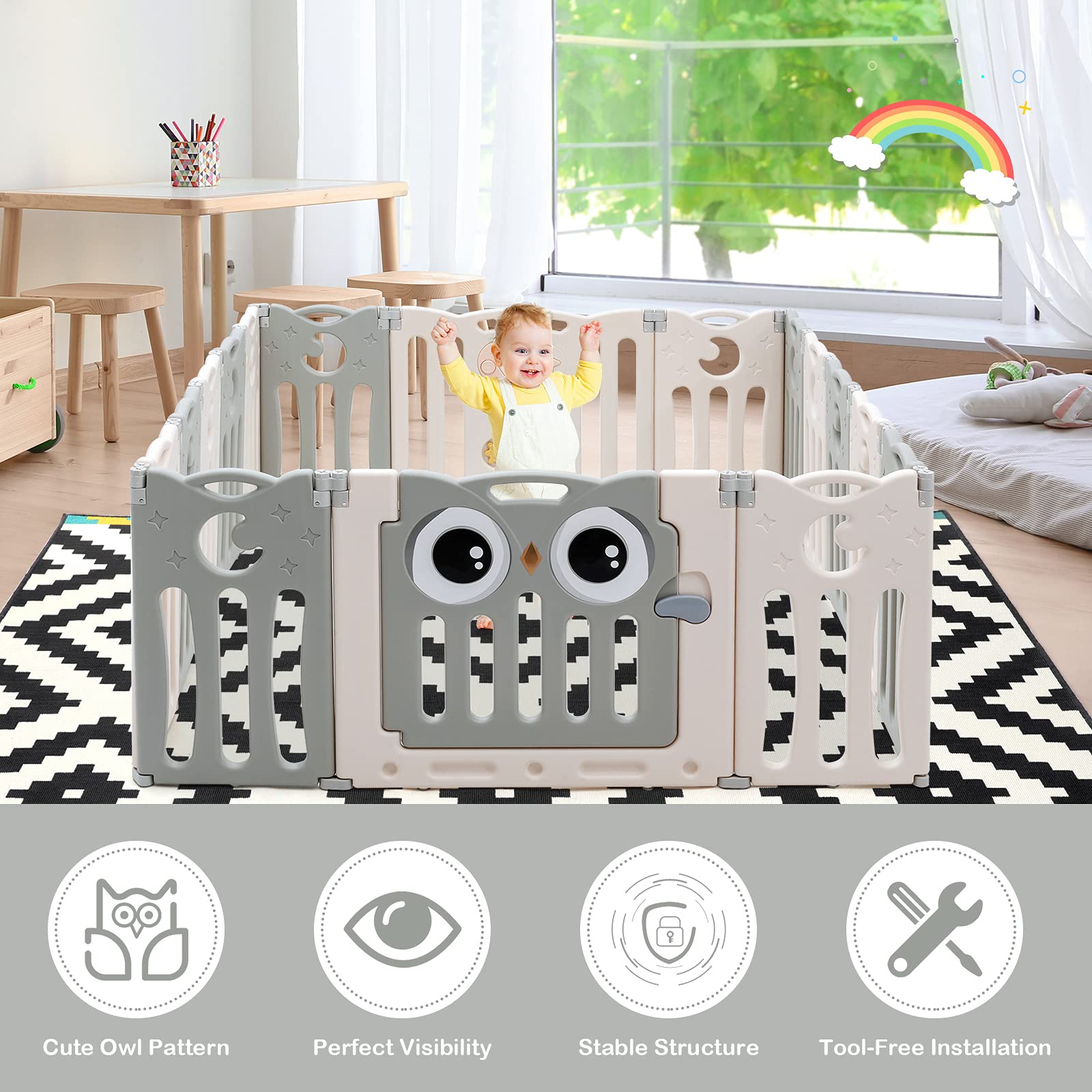 HONEY JOY 16-Panel Baby Playpen with Anti-Slip Base & Lockable Door - Owl Design Play Yard for Toddlers, Indoor Portable Safety Fence for Boys & Girls (Beige) - Perfect for Playrooms, Living Rooms & Daycare Centers