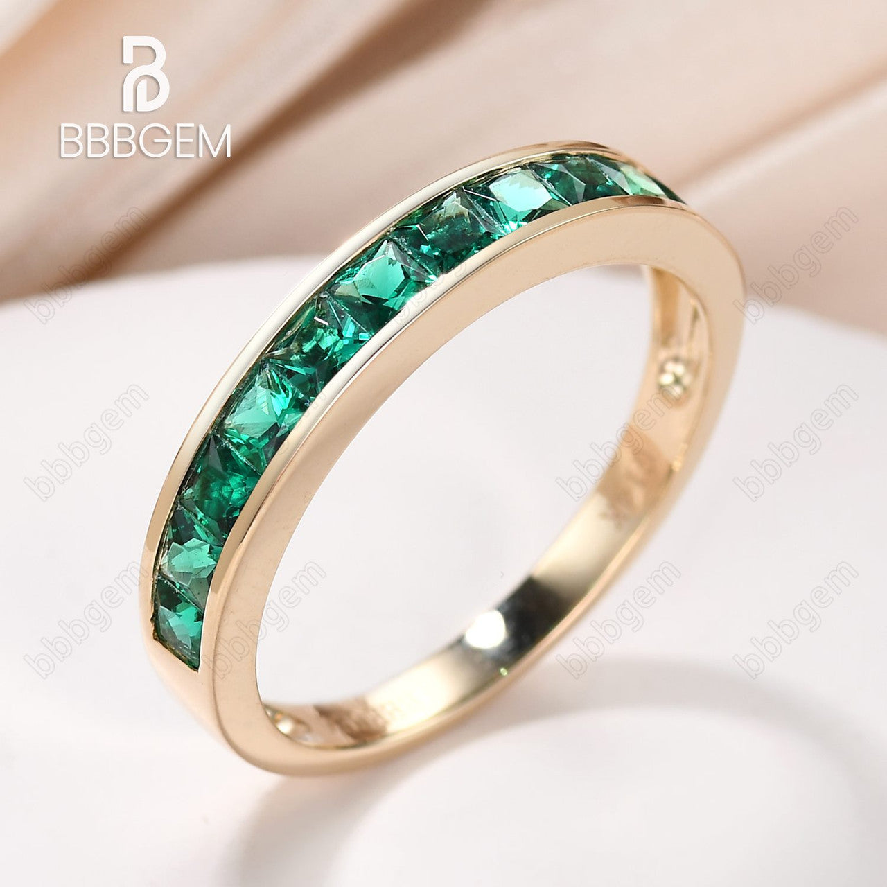 14K Yellow Gold Princess Cut Emerald Engagement Ring - Channel Set Wedding Band for Bridal & Anniversary Gifts