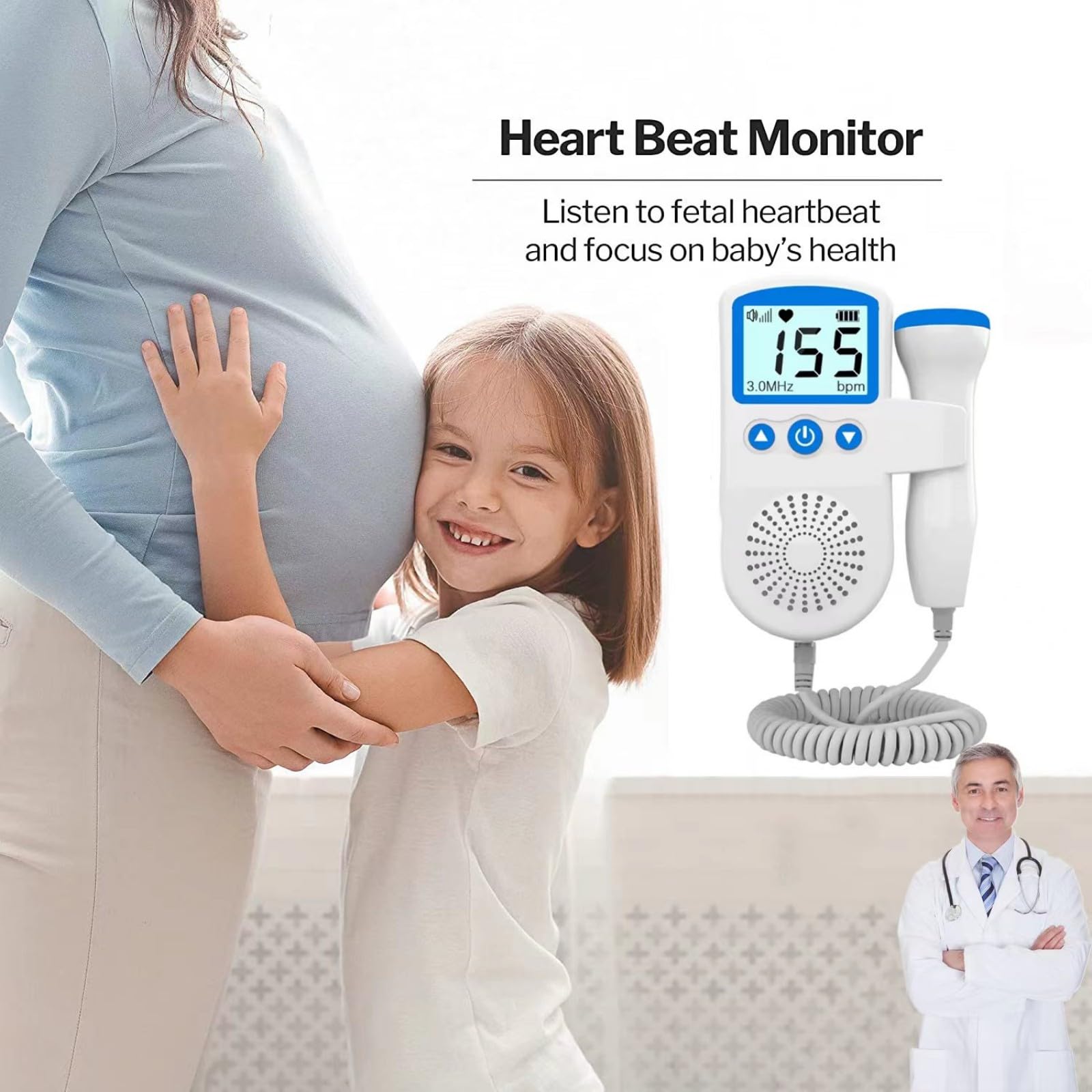 Portable Fetal Doppler Monitor for Home Use - Handheld Baby Heartbeat Detector, Easy to Use Pregnancy Accessory for Expecting Mothers (Perfect for Bonding & Tracking Baby's Health)