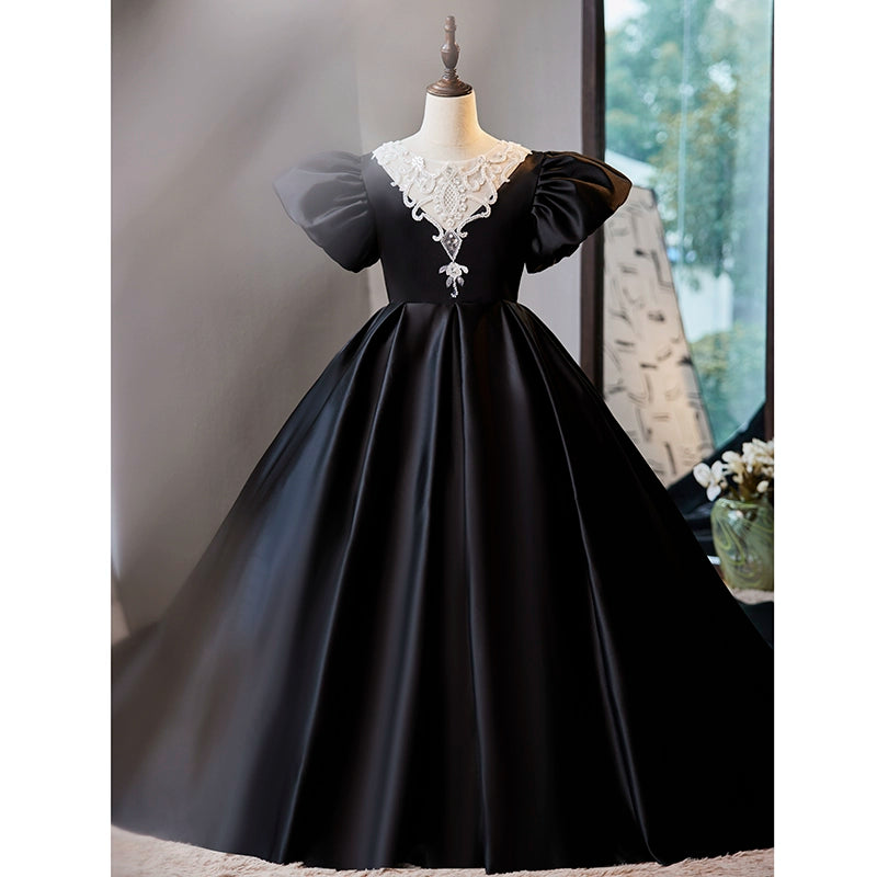 Black Princess Round Floor Length Satin Flower Girl Dress for Weddings, Pageants & Special Occasions