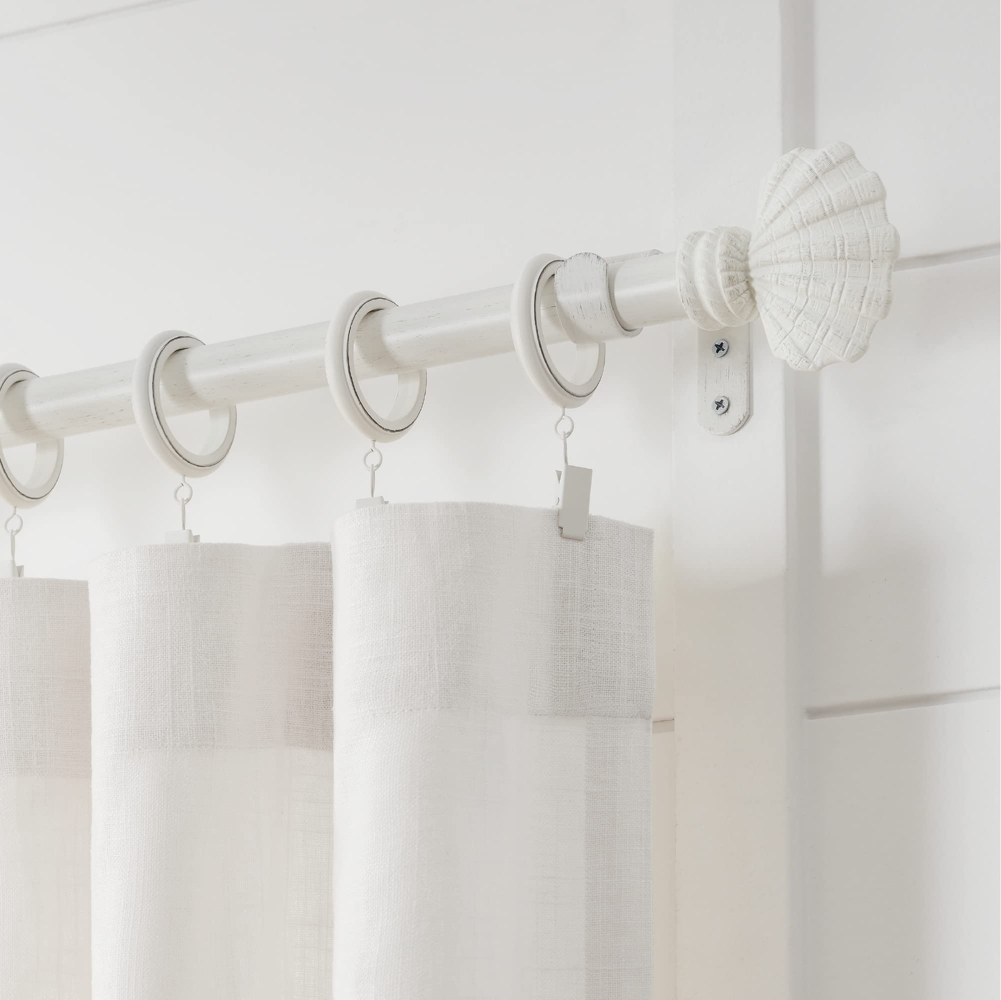 Adjustable Weathered White Steel Curtain Rod Set with Coastal Shell Finials - 1 1/8
