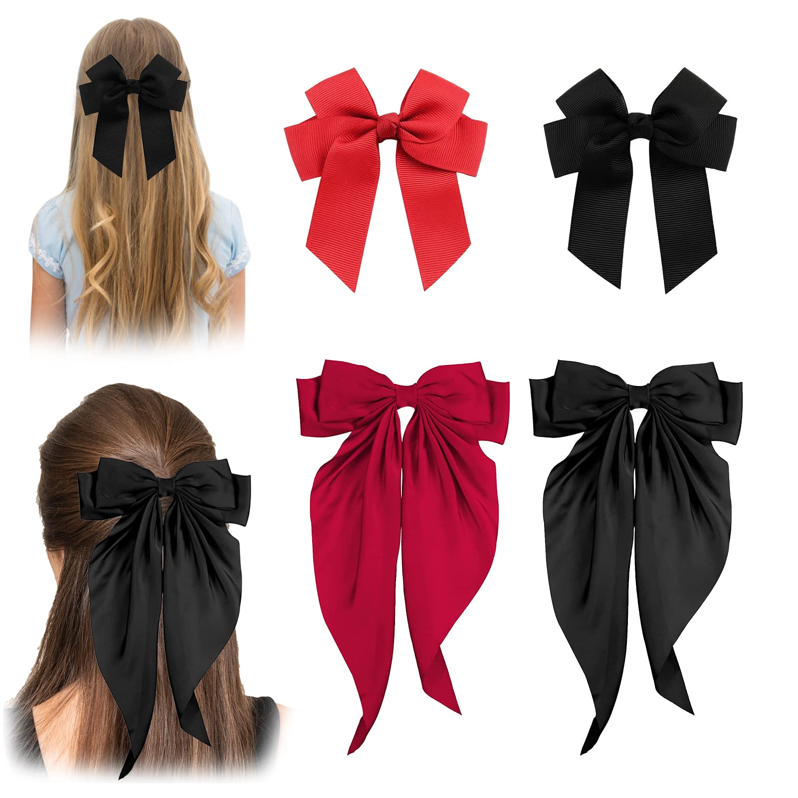 MISSTARS 4 PCS Large Bow Hair Clips for Women & Girls - Elegant Satin Ribbon Hair Barrettes & French Hairpins (Black & Red) - Perfect for Weddings, Parties & Daily Hair Accessories