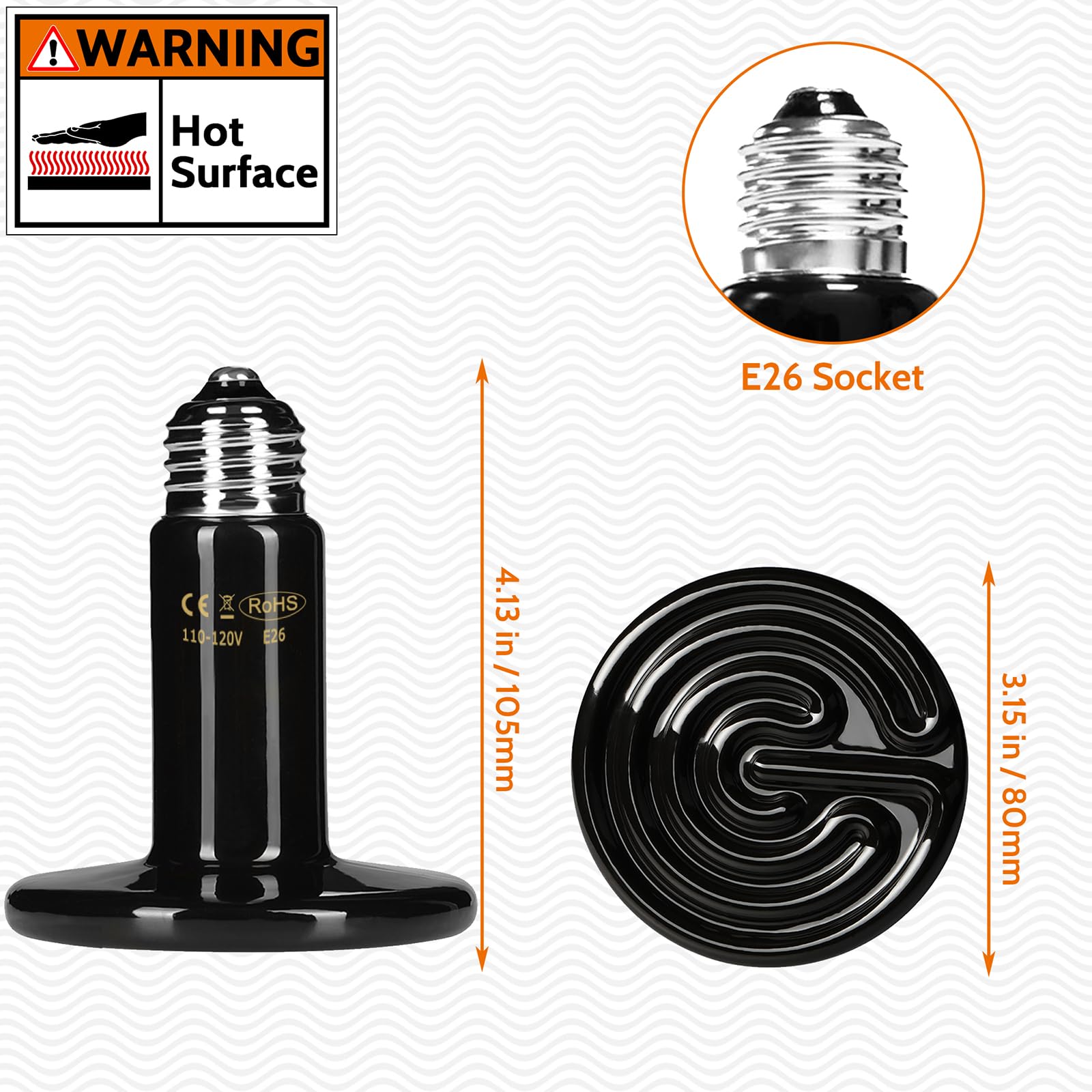 100W Ceramic Heat Emitter Bulb - Infrared Reptile Heating Lamp for Lizards, Snakes, Turtles - No Light Pet Heat Source for Terrariums, Brooder Coops & Small Animal Enclosures - Ideal for Reptile Tanks, Chicken Coops, Dog Houses & Cat Beds - Black