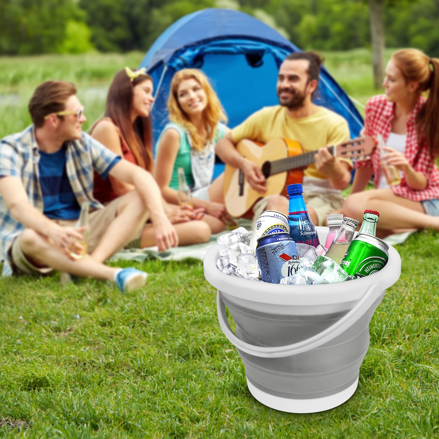 Collapsible 5L (1.3 Gallon) Silicone Mop Bucket & Ice Bucket - No Wringer Set, Portable Cleaning Supplies for Bathroom & Floor - Perfect for Household Cleaning, Mopping, and Chilling Drinks at Parties