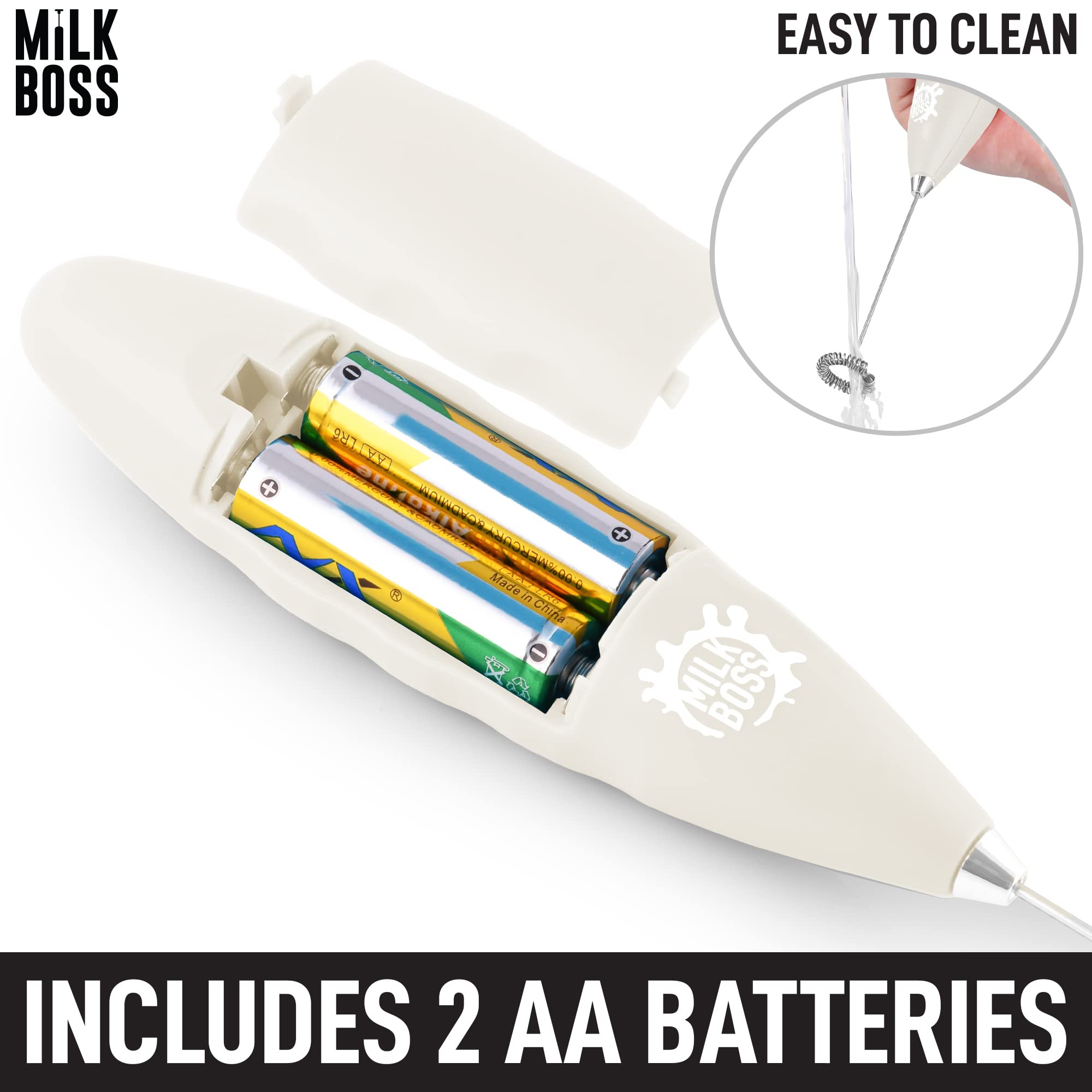 Premium Electric Milk Frother & Matcha Whisk - Handheld Battery-Powered Drink Mixer for Coffee, Latte, Cappuccino & Matcha Tea - Comfort Grip Design with Included Batteries (White) - Perfect for Home, Office & Cafe Use