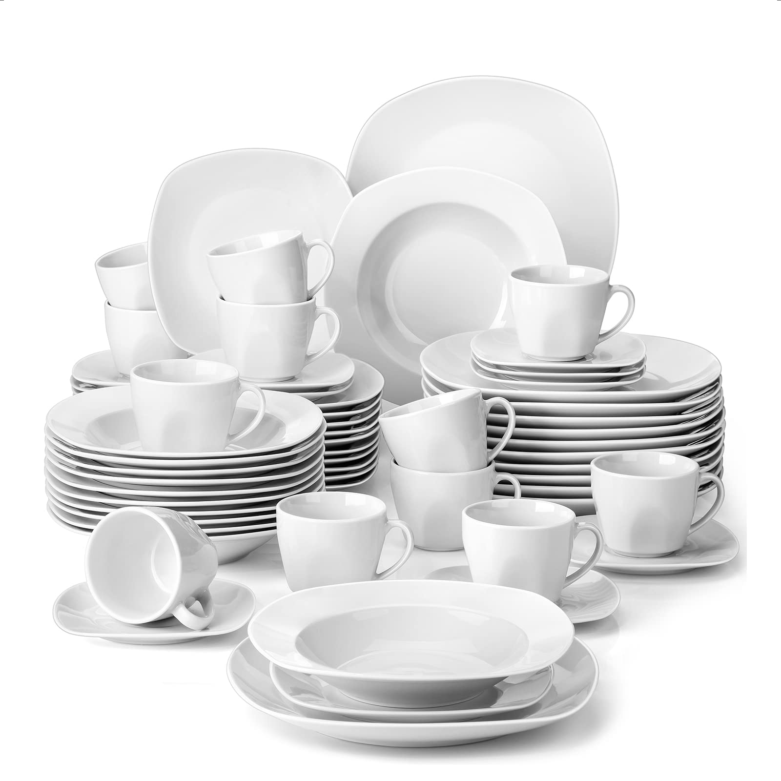MALACASA 60-Piece Porcelain Dinnerware Set - Gray & White Square Plates, Bowls, Cups & Saucers for 12 People | Elegant Elisa Series | Perfect for Formal Dining, Wedding Registry & Holiday Entertaining