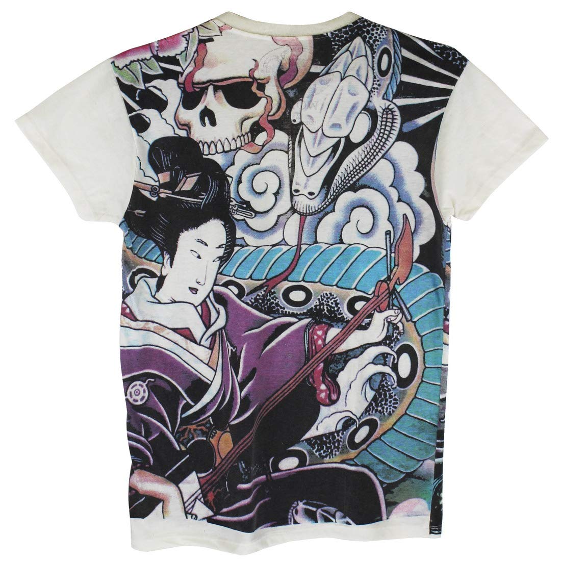 Japanese Irezumi Tattoo Art Men's V-Neck T-Shirt - Geisha Snake Skull Design for Casual Wear