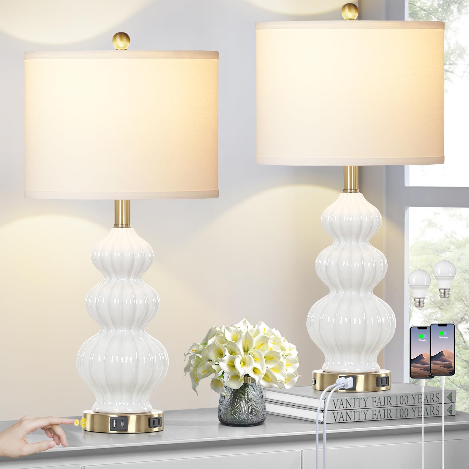 Modern Triple Gourd Ceramic Table Lamps Set of 2 - White USB Bedside Lamps with USB A+C Ports & AC Outlet, 3-Way Touch Control Nightstand Lighting for Bedroom, Living Room, Office - Perfect for Reading, Working & Home Decor
