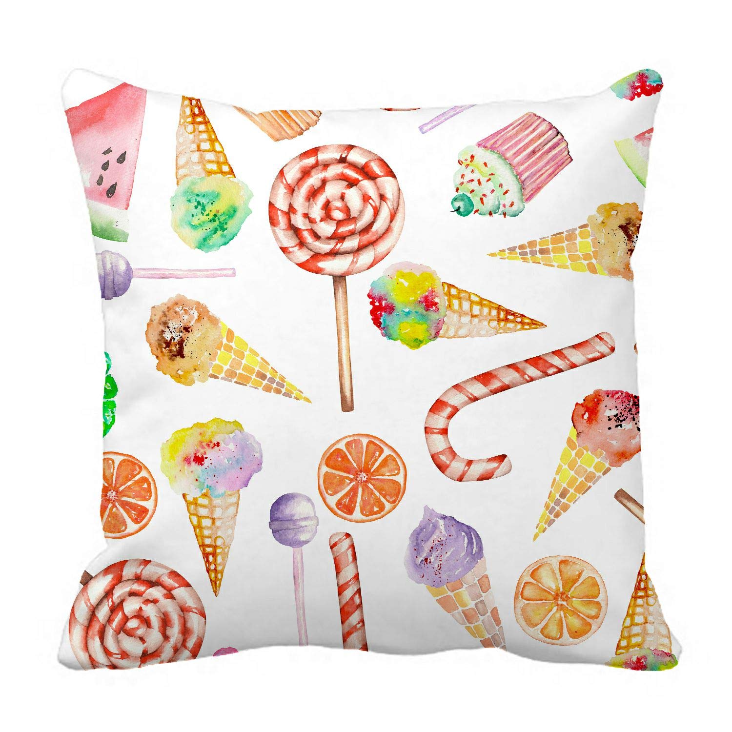 Sweet Lollipop Candy Cane Ice Cream Muffins Pillow Cover - 20x20 Inch Soft Decorative Pillowcase for Couch, Bed, Sofa - Cute Home Decor & Gift Idea for Kids Room, Birthday Party, Christmas Decorations