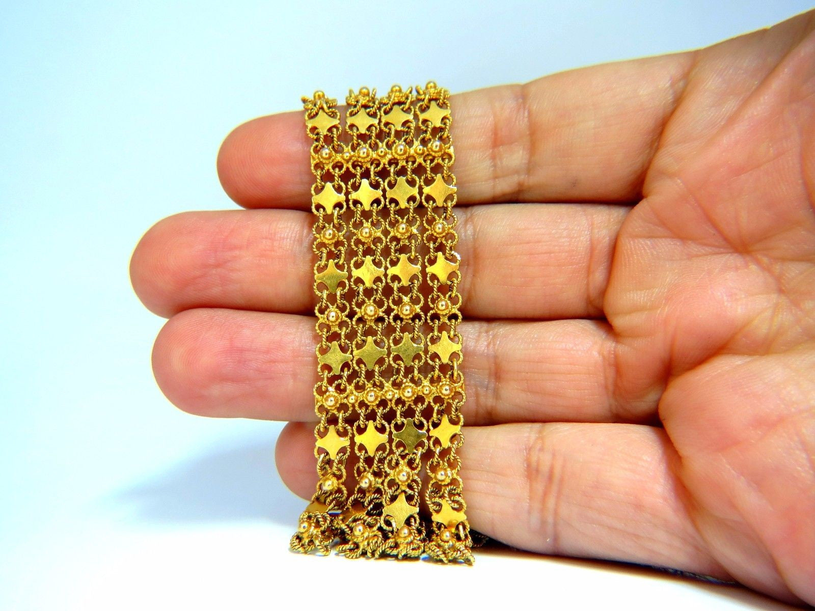 18Kt Yellow Gold Vintage Wide Cuff Bracelet - Hinged Mesh Link Beads (7.5 Inches) - Elegant Statement Jewelry for Parties, Weddings & Special Occasions