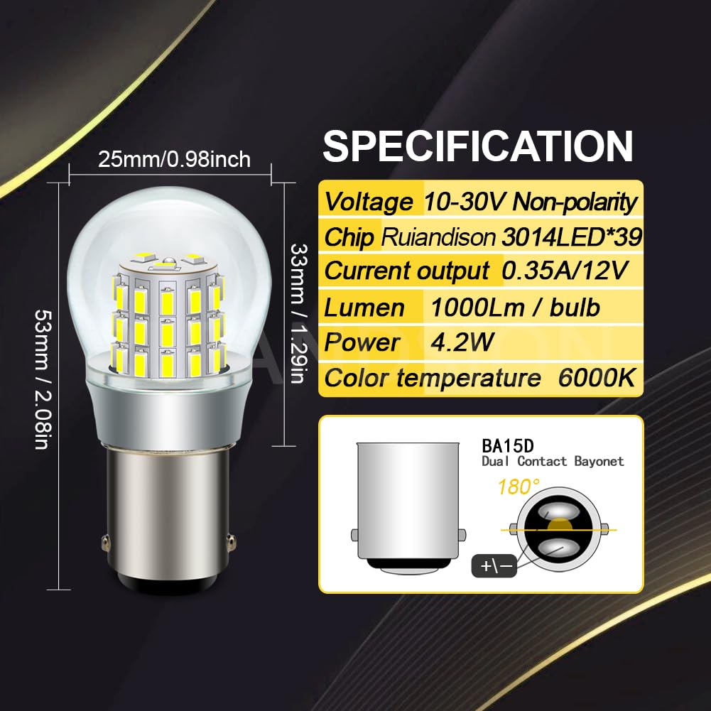 Ruiandsion BA15D LED Bulb - Super Bright White 3014 39SMD Chipsets - 10-30V DC - Perfect for RV, Truck, and Car Backup Lights, Reverse Lights, Brake Lights, and Tail Lights - Long Lasting & Energy Efficient (BA15D, White)
