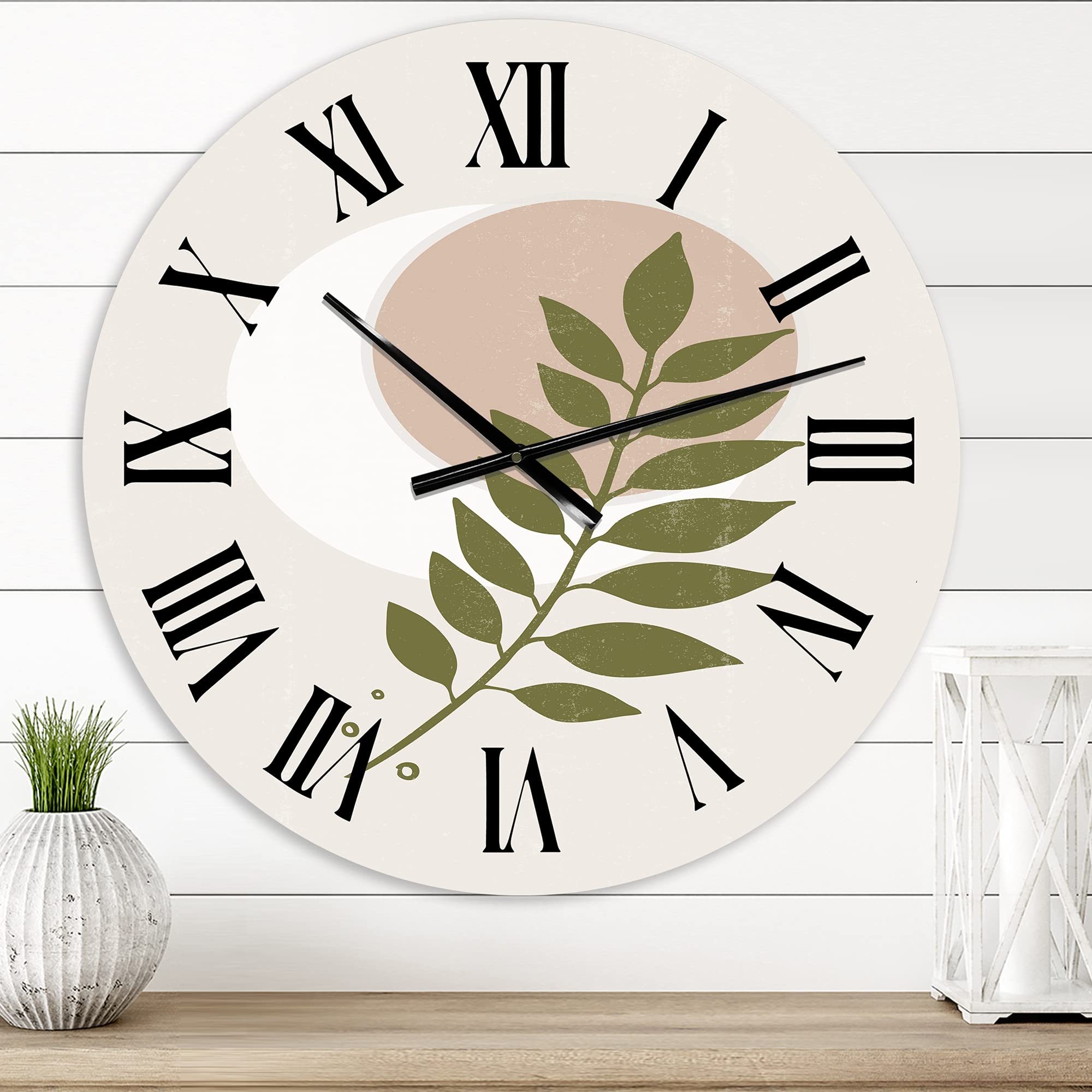 DesignQ Modern Wall Clock - Abstract Geometric Moon with Leaf IV - Large Floral Botanical Wall Art for Bedroom, Living Room, Office Decor | Silent Non-Ticking Home & Office Clock